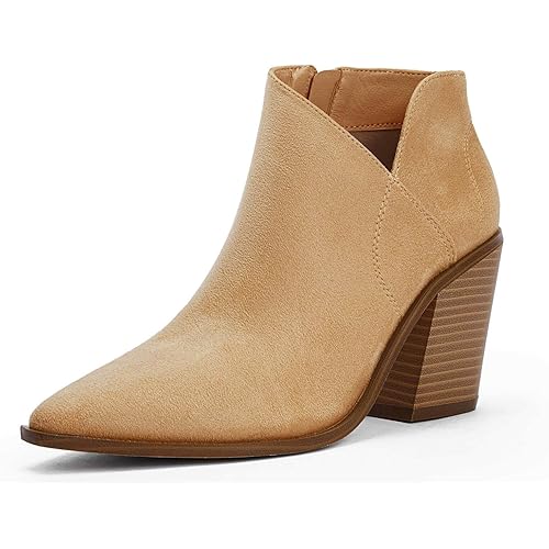 Womens Pointed Toe Ankle Boots Block Stacked Chunky Heel Cutout Side Zipper Fall Booties Shoe