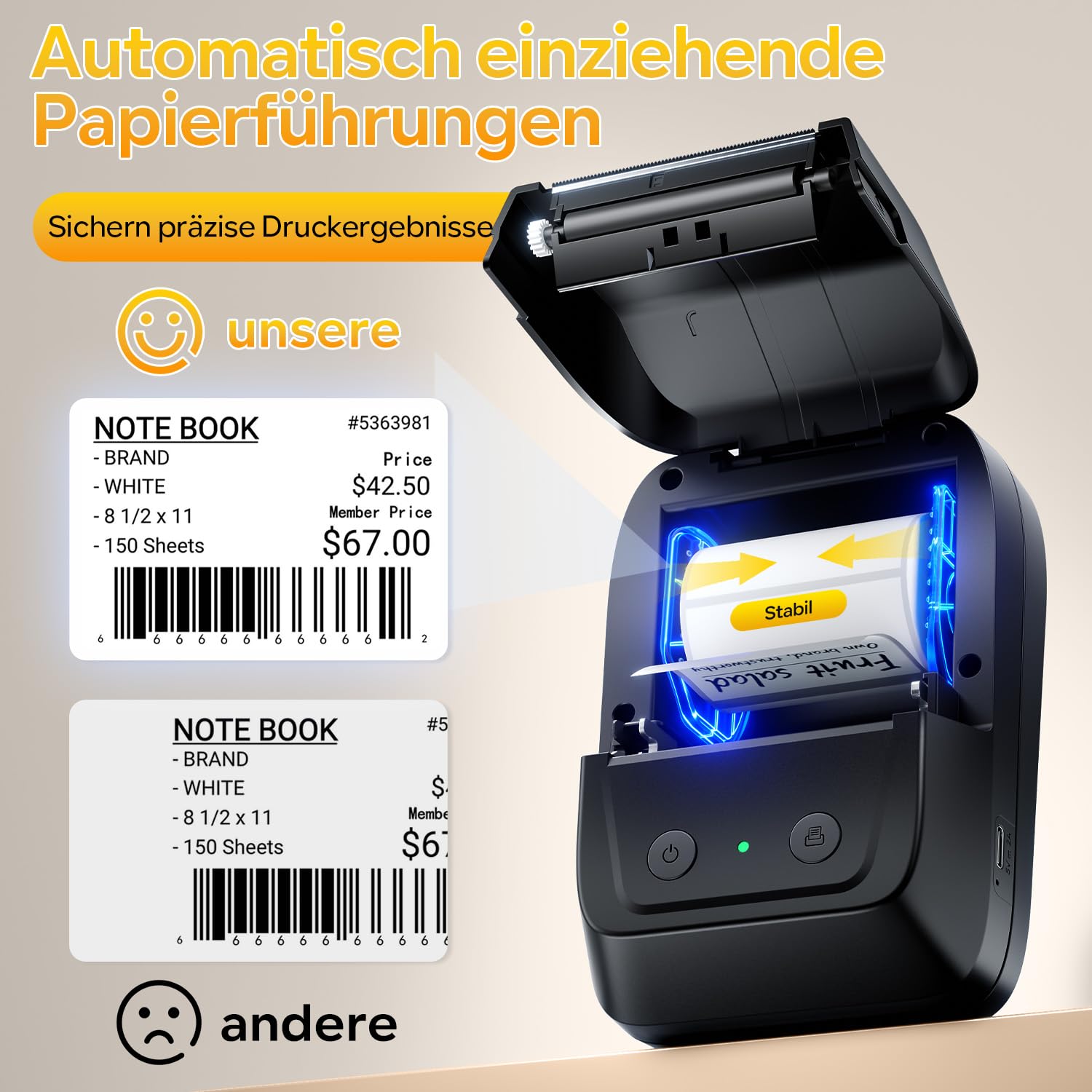 Memoking Bluetooth Etikettendrucker Selbstklebend, Tragbarer Etikettendrucker mit 2000 Symbolen und 300 Vorlagen, Barcode Etikettendrucker für Einzelhandel, kleine Unternehmen, Büro und Zuhause