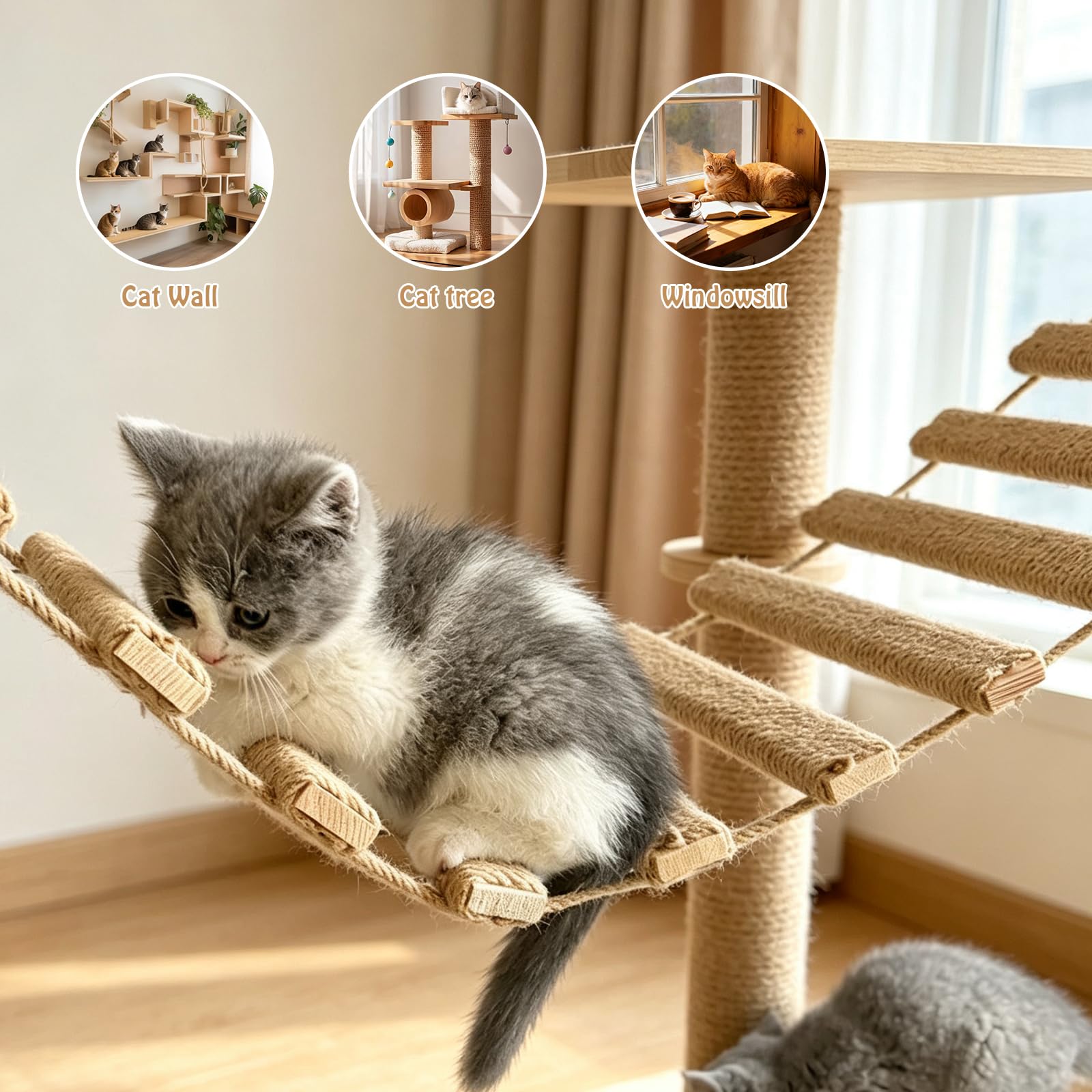 Katzenleiter 180 cm, Kletterwand Katzen, Katzenleiter Mit Juteseil, Katzenleiterbrücke Für Wand, Katzentreppe 13 Stufen, Katzen Aktivitätskratzbäume, Kletterwand Für Wand, Balkon, Innen&Außen