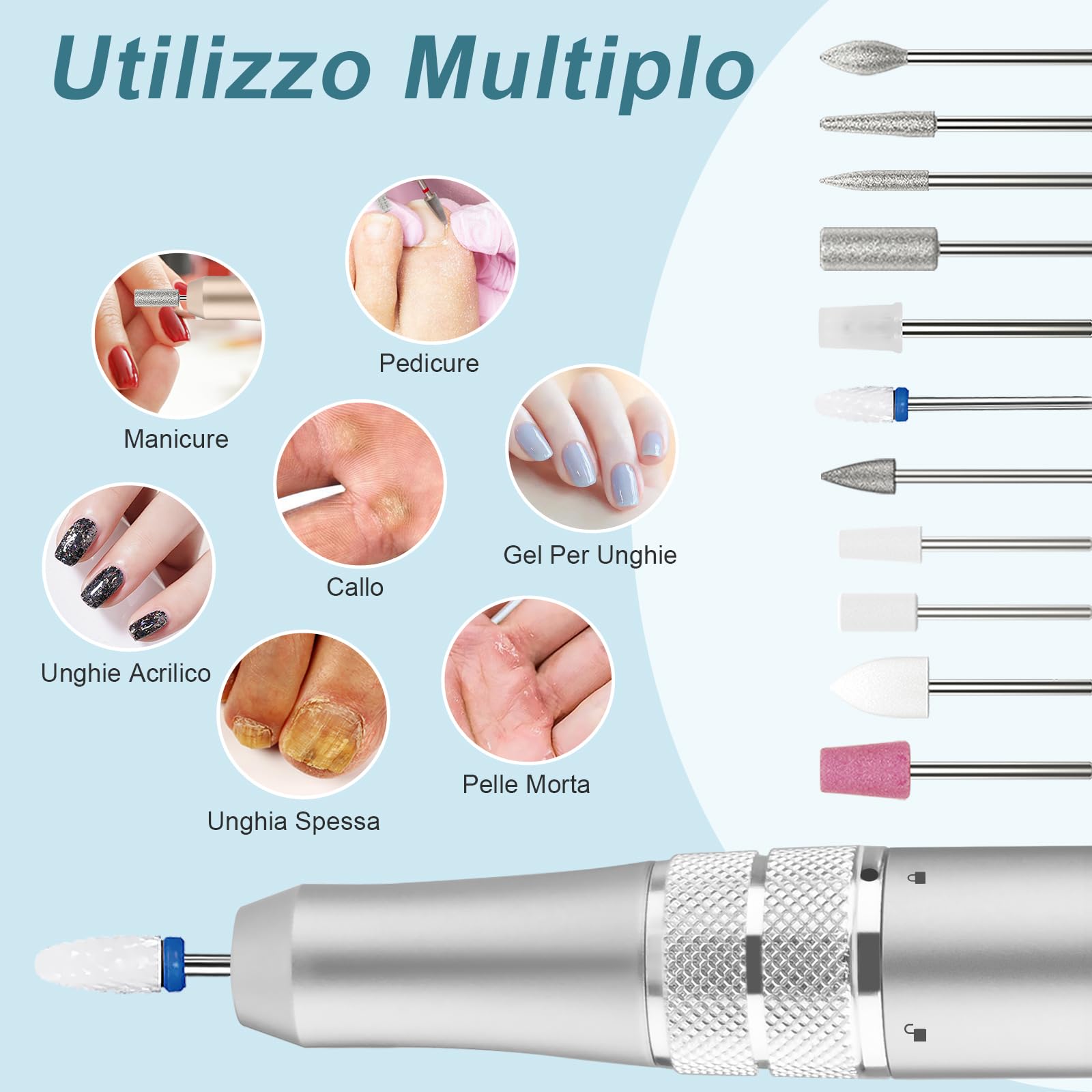 Kredioo Fresa per Unghie Professionale 35000RPM, Fresa Unghie, Lima Per Unghie Elettrica, Manicure e Pedicure, Trapano Elettrico per Rimozione Gel/Smalto, Argento