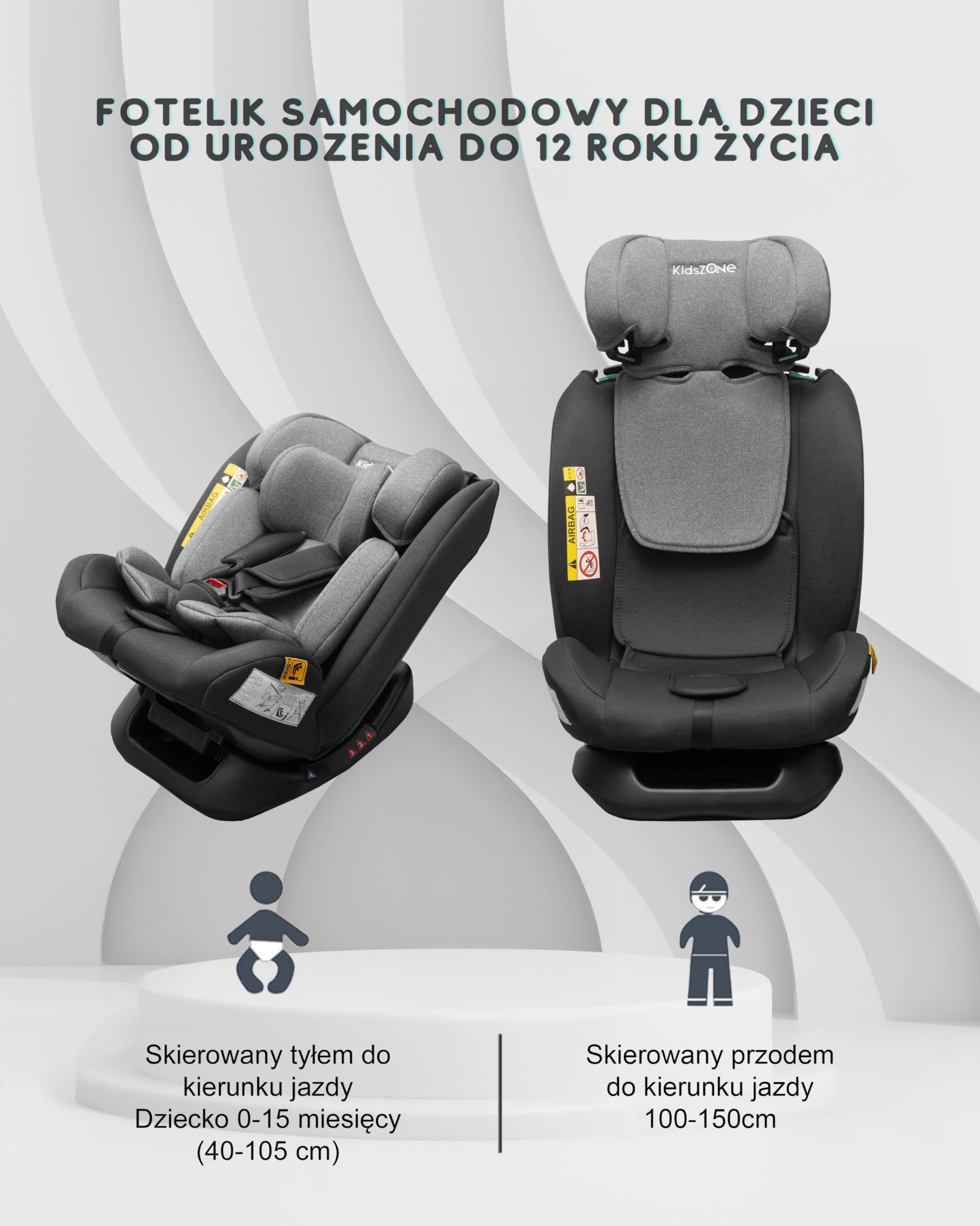 Foteliki Auto bez Isofix 0-36 kg i-Size (40-150 cm) - Fotelik Auto Grupa 0/1/2/3 - Regulowany w wysokości, Odchylany w 4 pozycjach