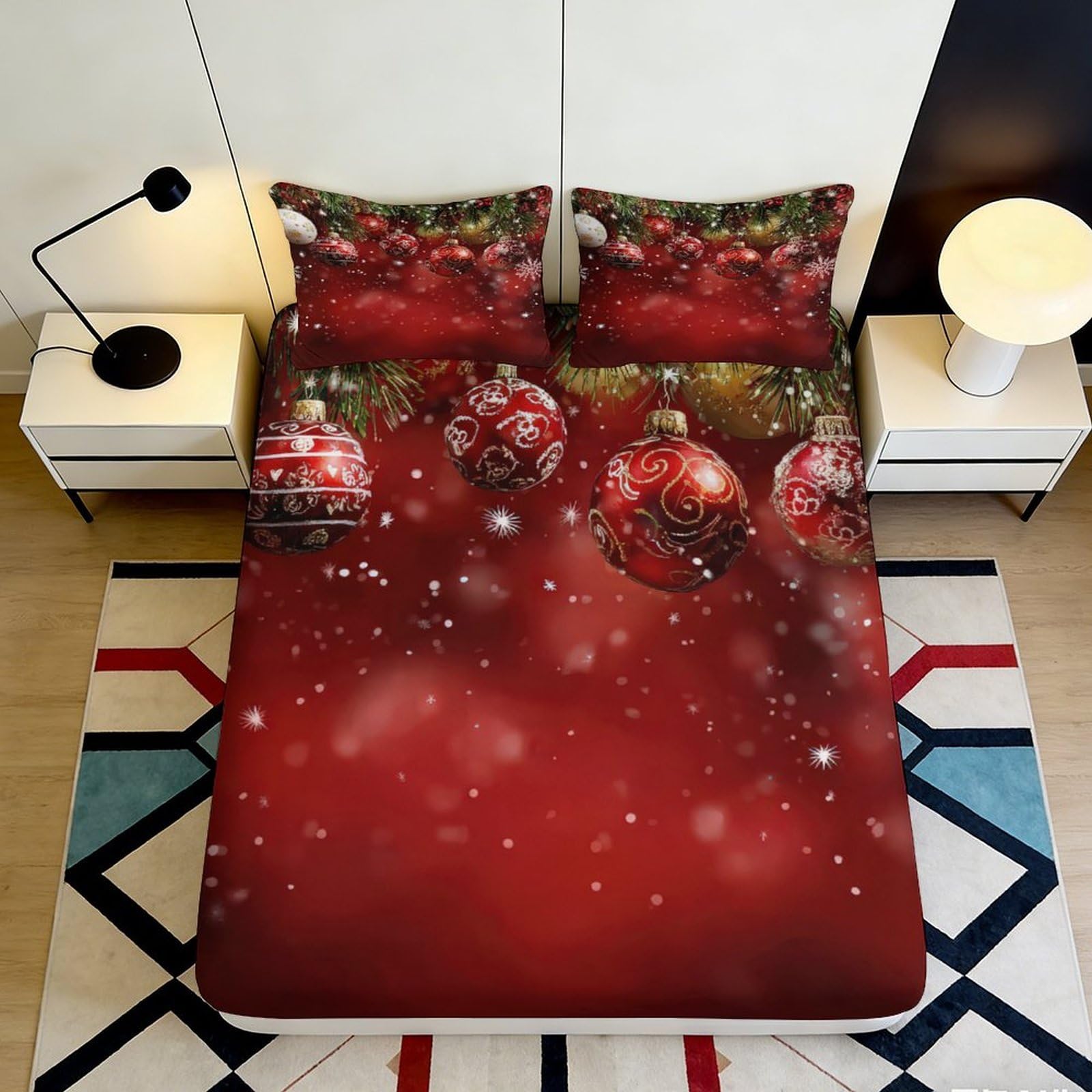 3D Printed Christmas Ornament Fitted Sheet Microfiber Red Snowflake Bed Cover for Bedroom Guest Room Decor 90x200x25cm