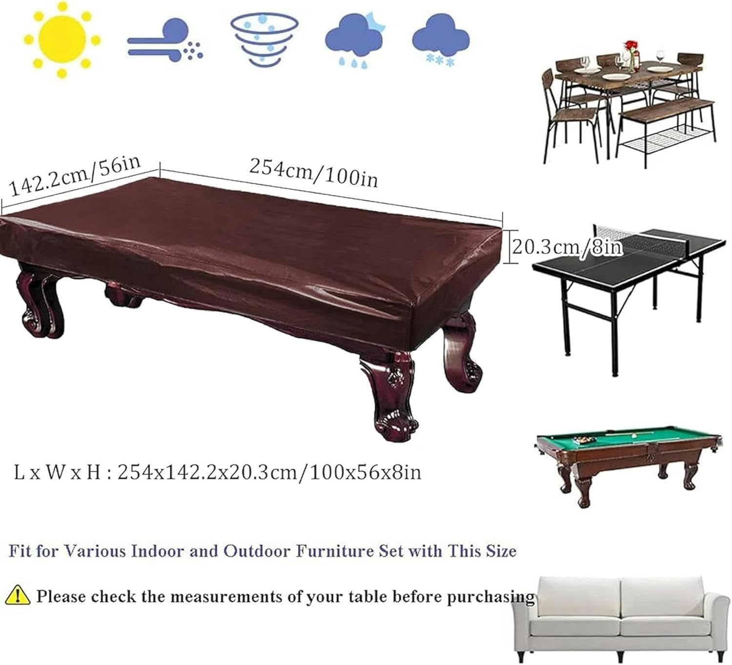 Pool Table Covers 8ft Waterproof Fitted， Heavy Duty Premium Leatherette Billiard Pool Table Cover Durable Waterproof Uv Protection Fitted Billiard Game Table Dust Storage Cover, Brown