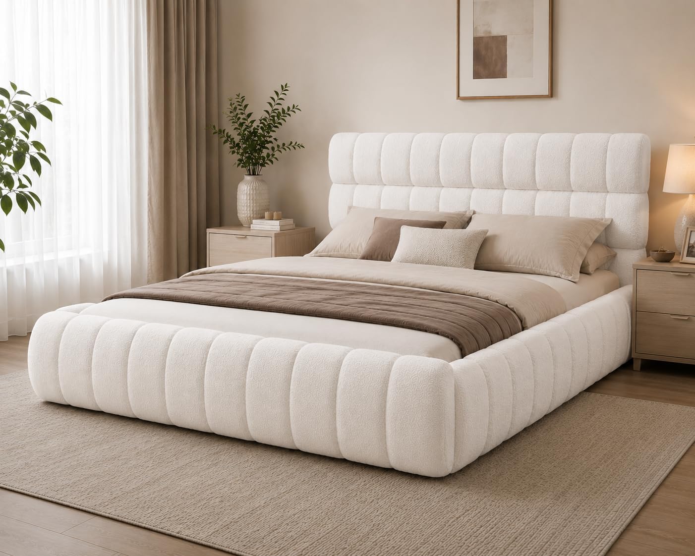 SABTA Crafts Luxury Upholstered King Size Bed with Box Storage | Premium Boucle Fabric Platform Bed | Wooden Double Cot for Bedroom | Sheesham Wood, 6.5 x 6 Ft, White