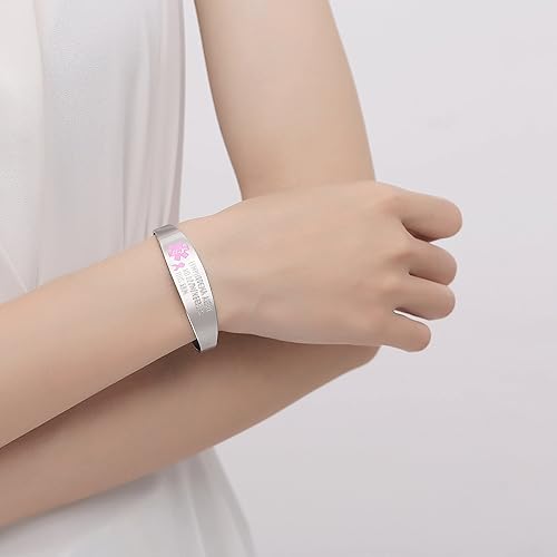Miniatura 3 de mnmoom Pulsera médica de acero inoxidable pulseras de identificación para mujeres Cinta rosa sin bp sin agujas Pulsera de alerta de linfedema