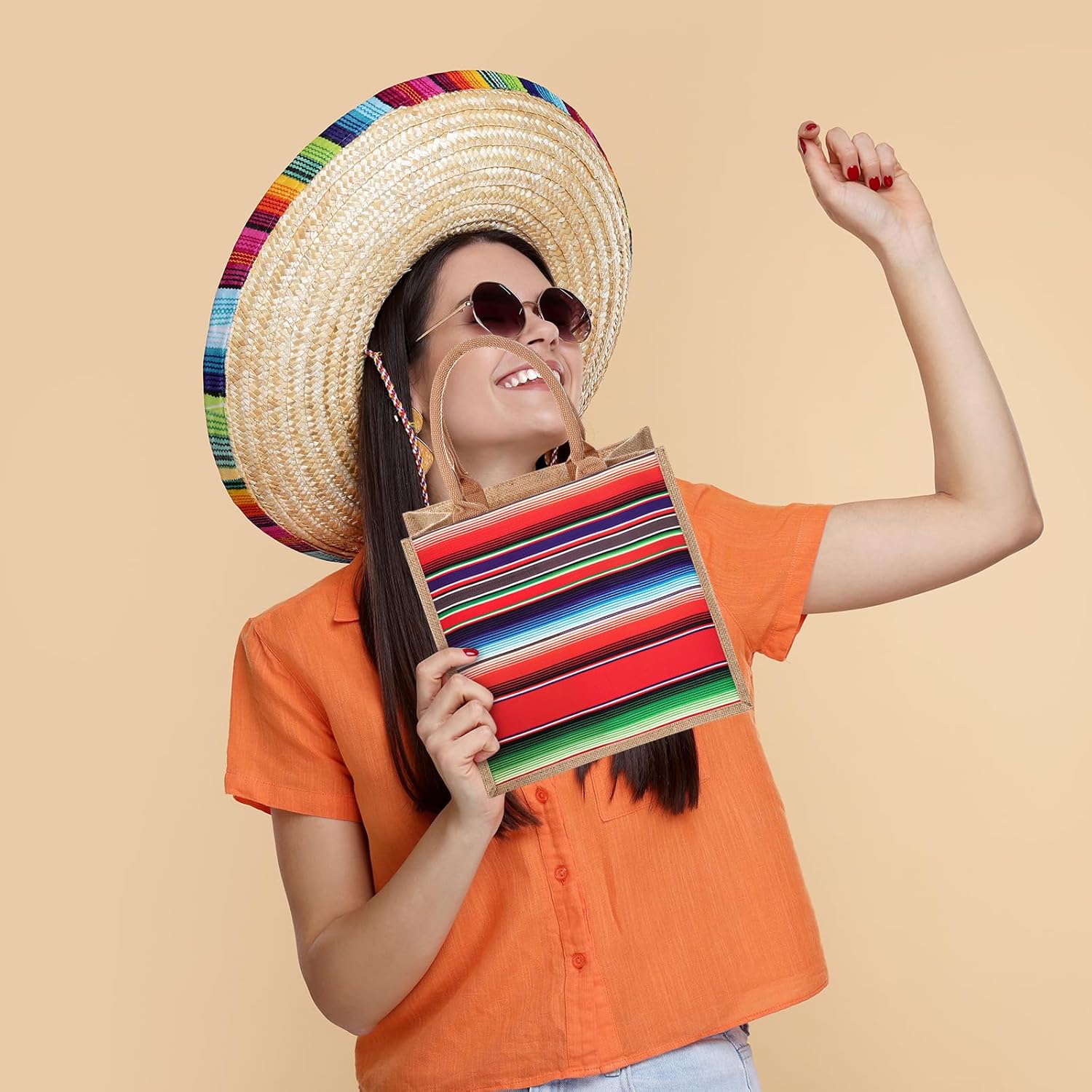 6 Pcs Mexican Jute Burlap Tote Bags for Women Fiesta Cinco De Mayo Goodie Treat Bags for Mexican Party Decorations Fiesta Themed Baby Shower Supplies 12 x 12 x 7.8 Inch