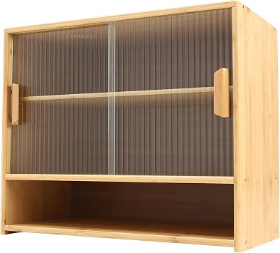 Corner Bread Box for Kitchen Countertop Bamboo Storage Cabinet Kitchen Countertop Cabinet with Acrylic Door Adjustable Shelf Storage Cabinet for Food Spice Dish Bowl Wood Color, 3 Tiers