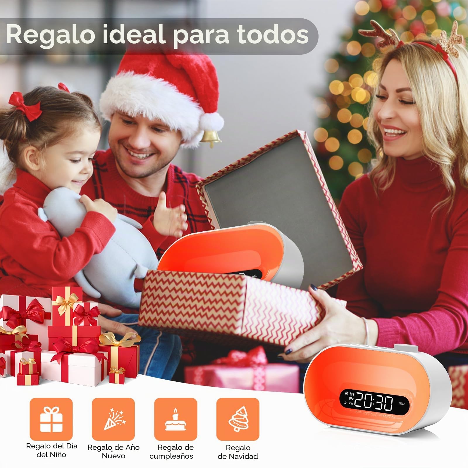 Reloj despertador de amanecer, máquina de ruido blanco con 30 sonidos relajantes, 14 luces nocturnas, 0-100% de atenuación, alarma dual, temporizador, lámpara de noche digital para niños, adolescentes