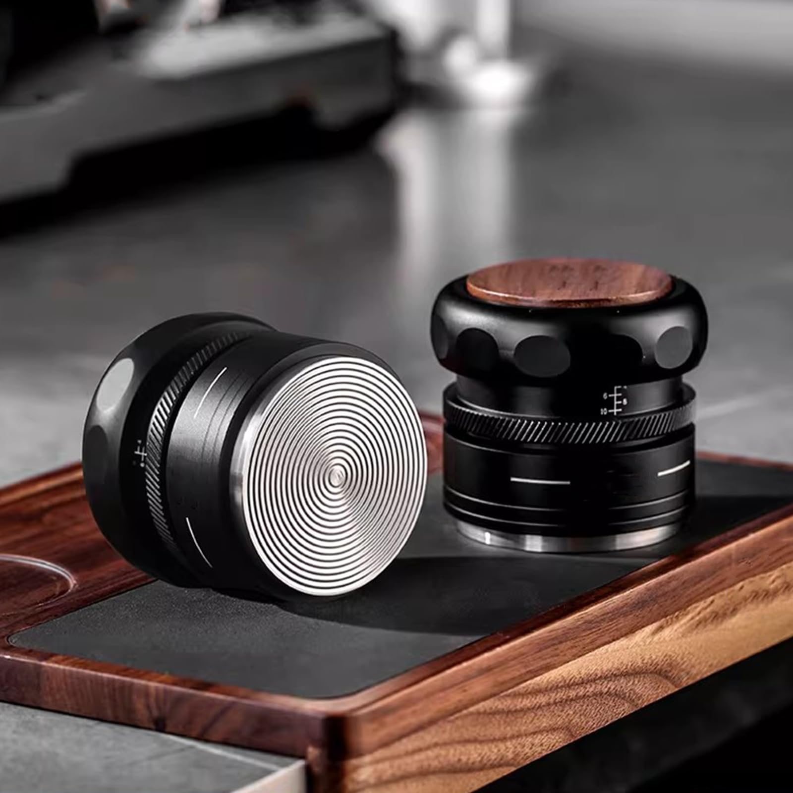 Tamper de café ajustable con base roscada, herramienta WDT, embudo dosificador, alfombrilla de almacenamiento de nogal para portafiltro de 58 mm