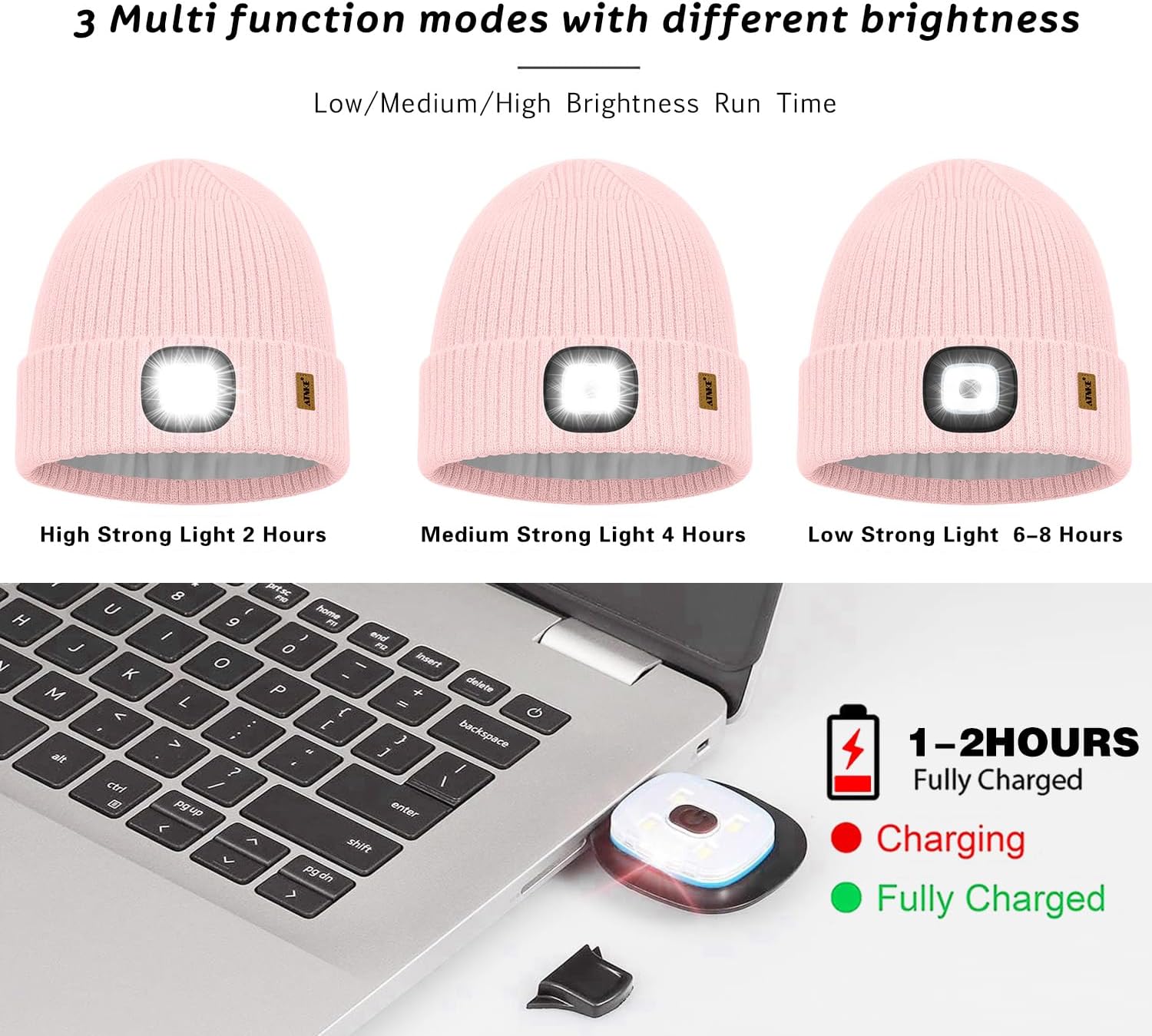 ATNKE Kids LED Lighted Lined Fleece Beanie Cap, USB Rechargeable 4 LED Run Headlamp Bright Hat Gifts for Boys and Girls - Image 6