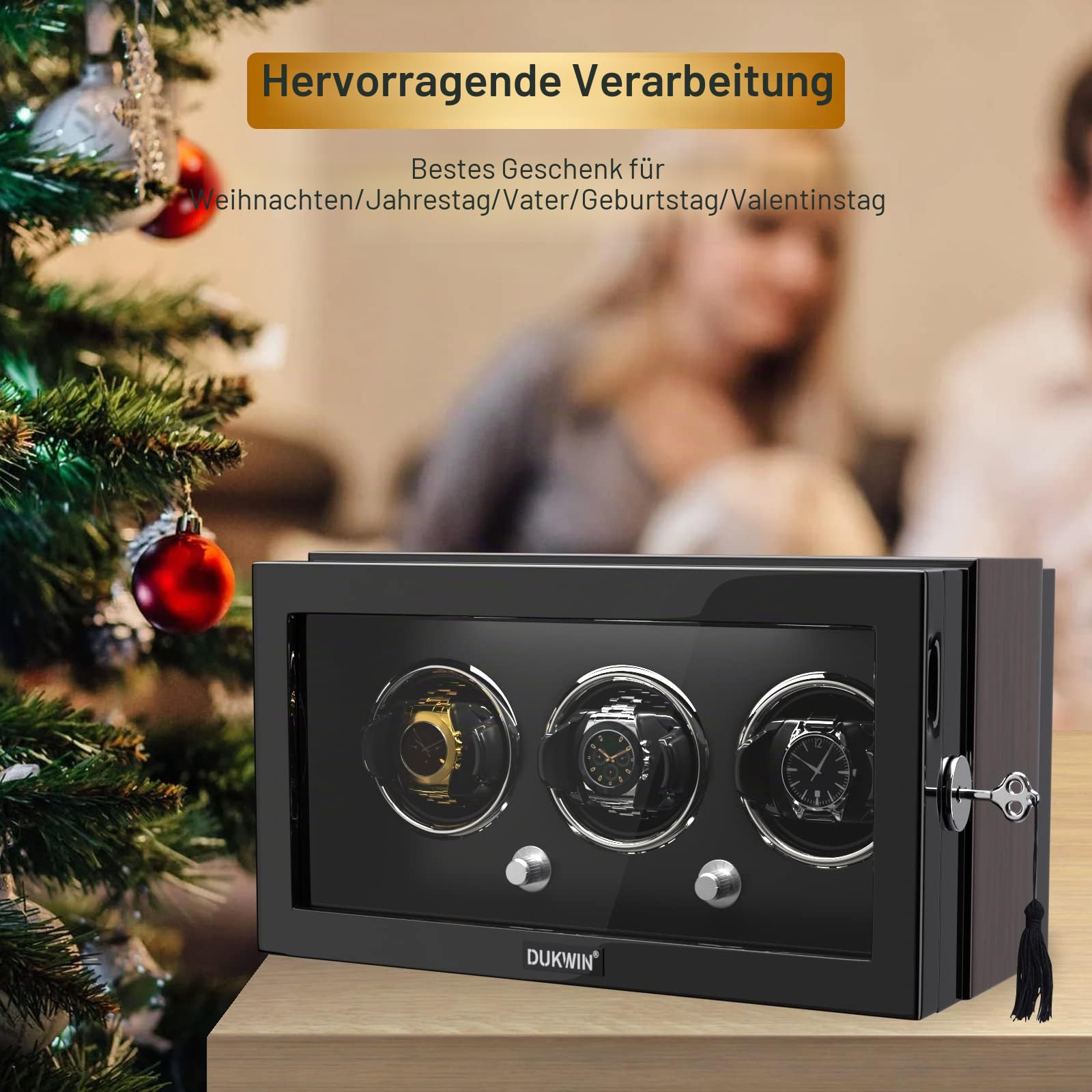 DUKWIN Watch Winder, Watch Winders for Automatic Watches with Quiet Motor Lockable Automatic Watch Winder for 3/4 Watches, Dual Power Supply, Built-in Illumination