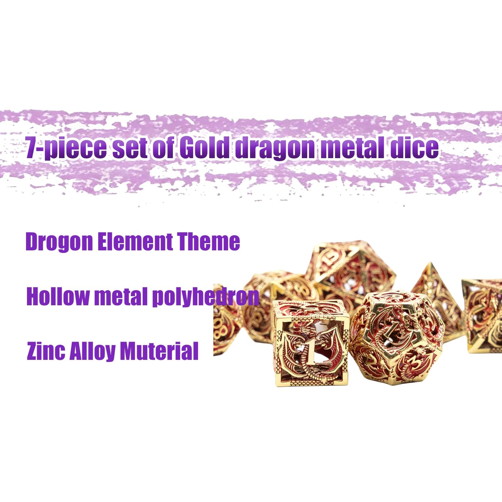 Ensemble de 7 Dés en Métal Dragon, Dés Polyédriques Creux, Compatibles avec Les Jeux de Rôle Les Jeux de Plateau et Les Jeux de Cartes(Gold)