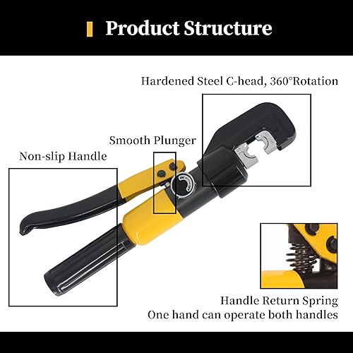 Miniatura 3 de Herramienta de prensado hidráulico de 10 toneladas, rango de 12 AWG-20 AWG, herramienta de prensado de cables de batería, trazo de 0.43 pulgadas,