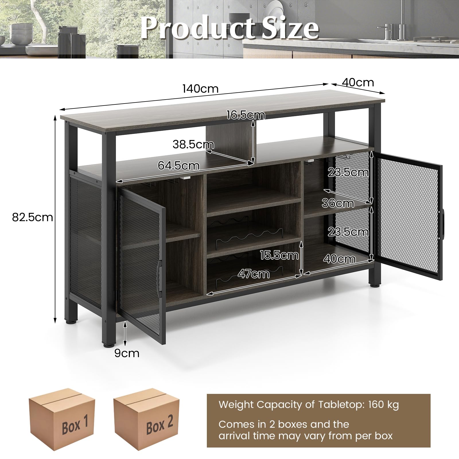 GIANTEX Credenza da Buffet, Mobilellto da Cucina con Portabottiglie e Portabicchieri, Porta TV per TV fino a 60" con 2 Armadietti con Anta, 3 Ripiani e 2 Scomparti Aperti, Nero/Grigio(Grigio)