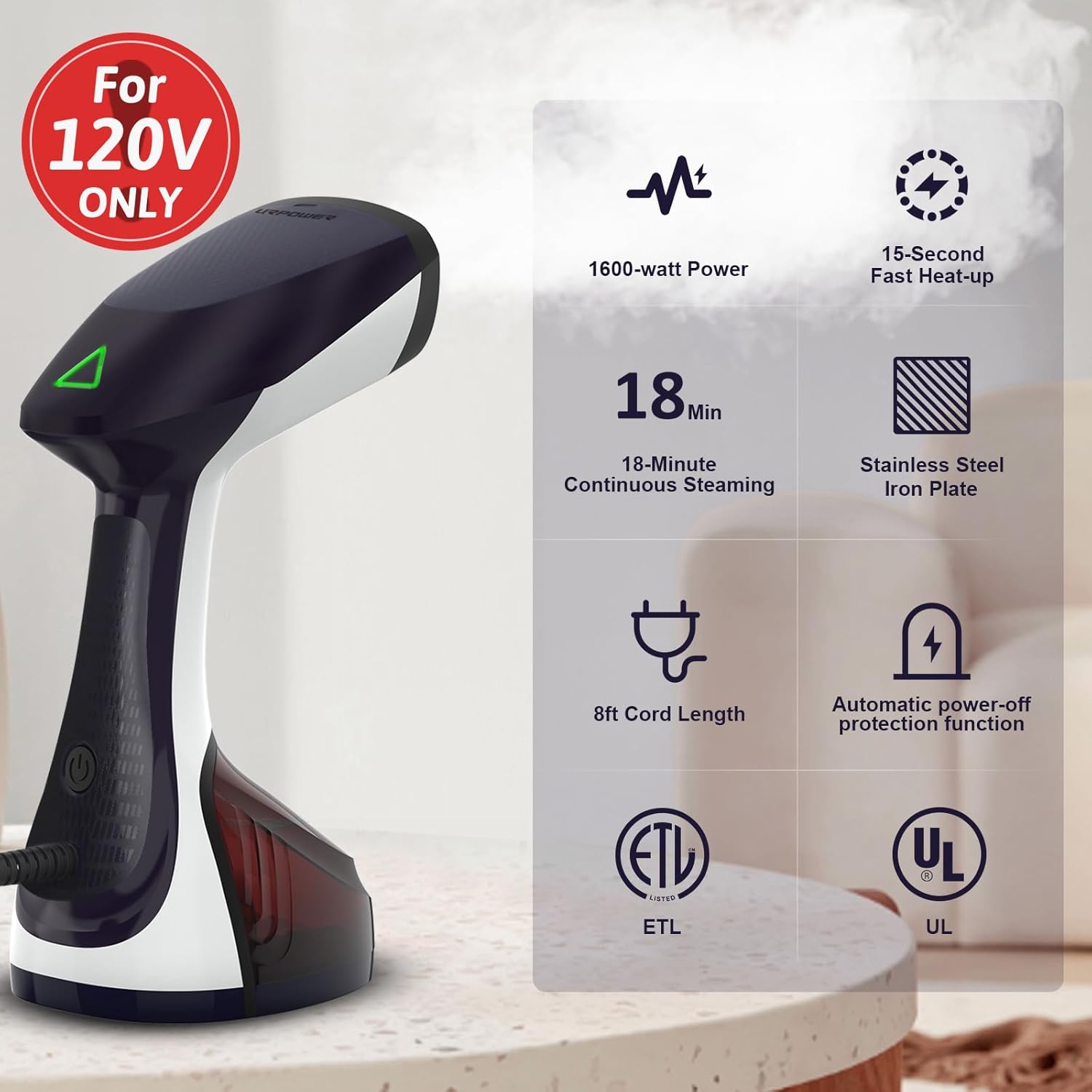 URPOWER 300ml Portable Clothes Steamer 15-Second Heat-Up Handheld Steamer for Clothes 1500W Detachable Tank, Stainless Steel Soleplate, Travel Garment & Fabric Steamers for Home/Office, 120V