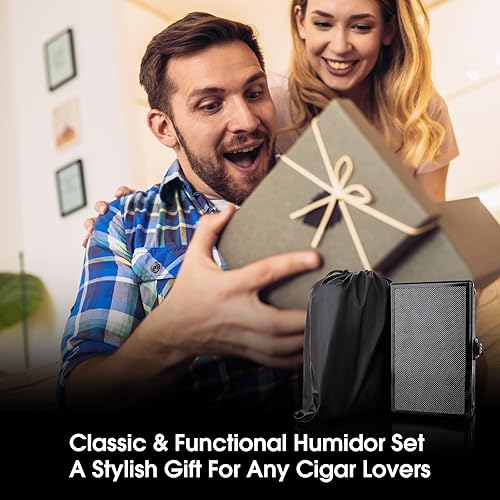 Miniatura 6 de Juego de humidor de cigarros portátil de viaje, higrómetro magnético interior y madera de cedro, 2 soportes dorados para puros, humidificador,