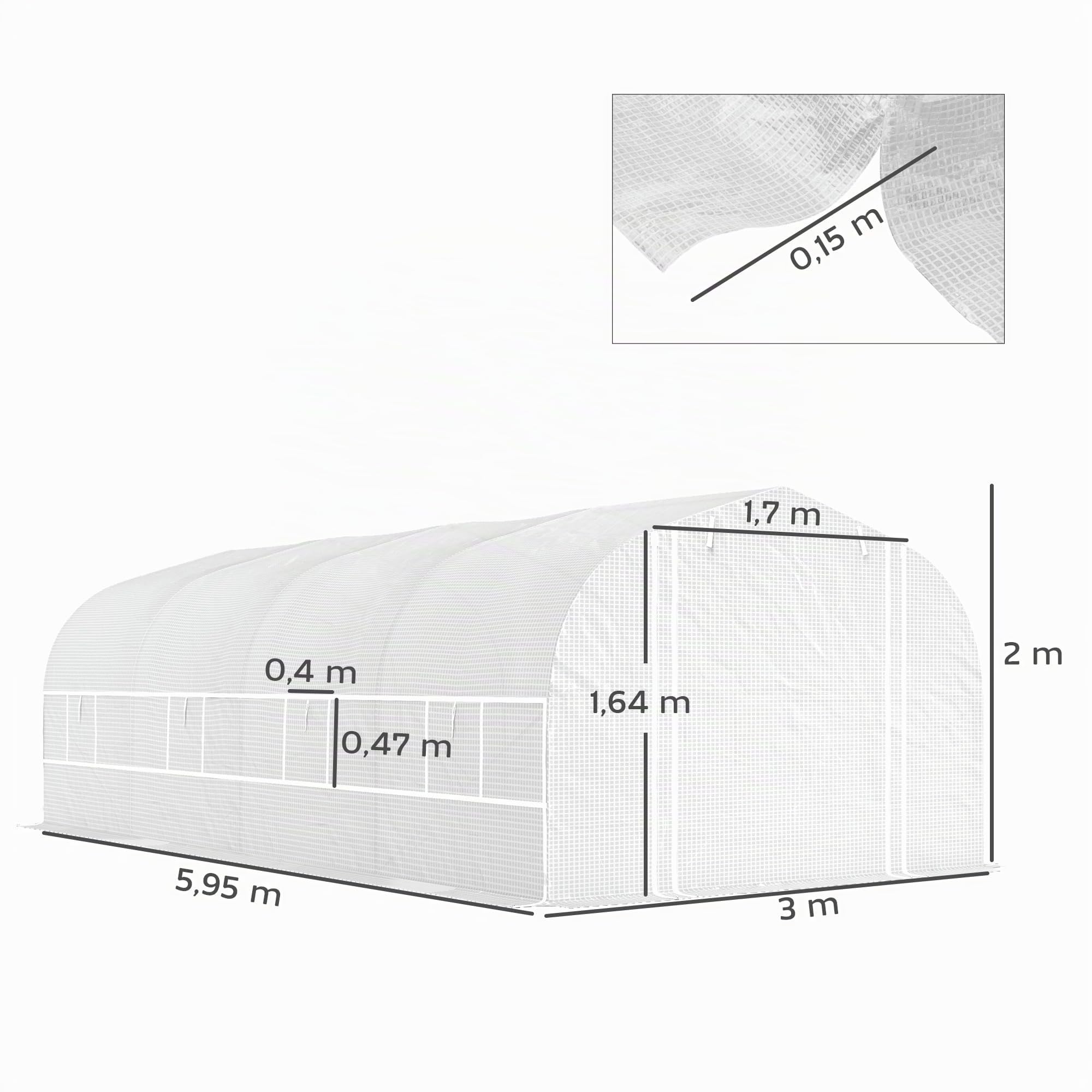 Outsunny Invernadero de Exterior 6x3x2 m con 8 Ventanas PE Anti-UV Blanco | Invernadero de Túnel, Puerta Enrollable con Cremallera, Laterales de Malla