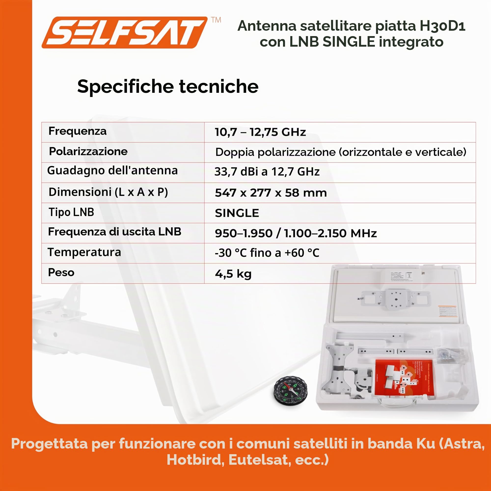 Selfsat H30 D1 Antenna piatta per 1 utente, Bianco