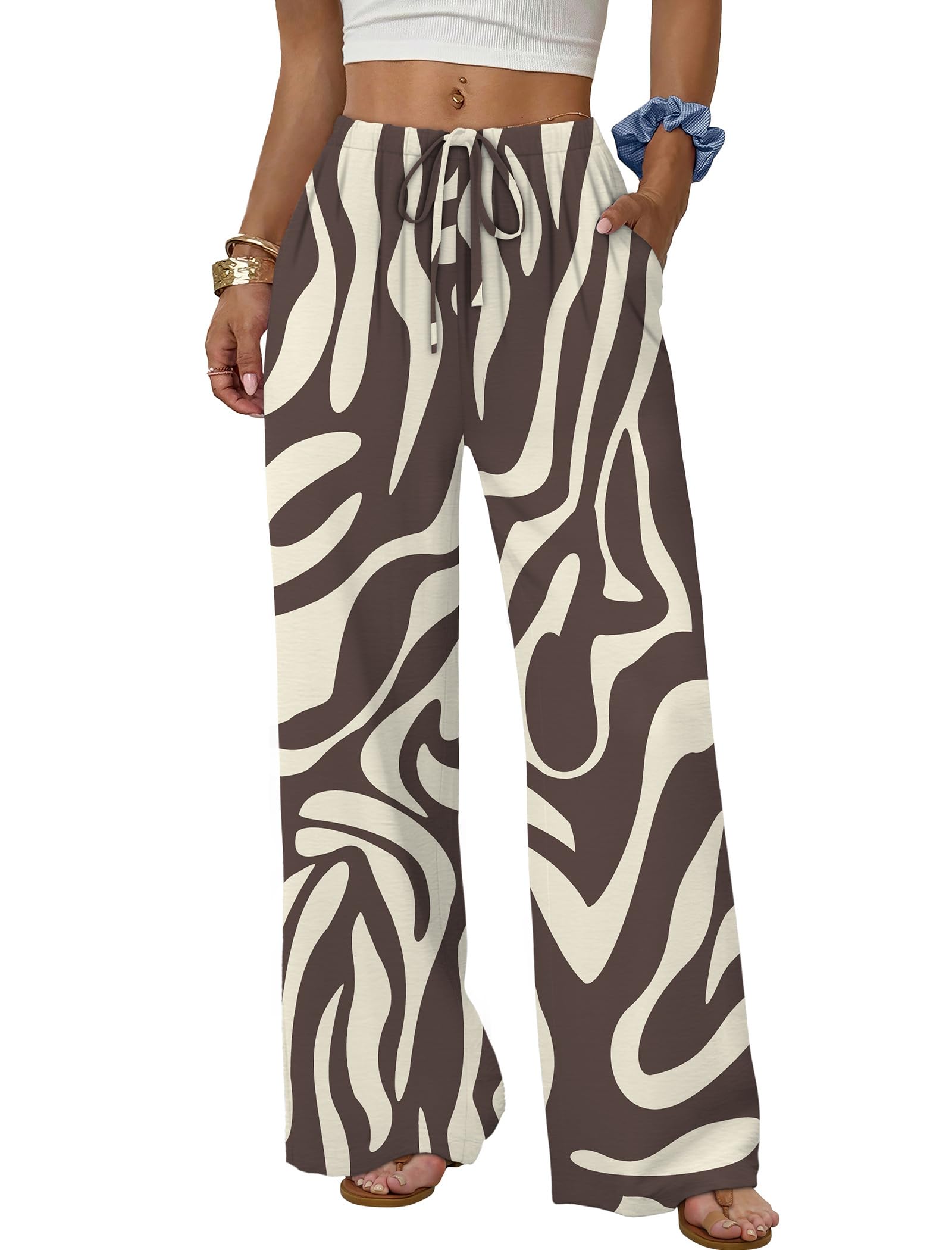 Sampeel Wide Leg Pants for Women Flowy Palazzo Drawstring Elastic Waist Trousers with Pockets Summer Beach Vacation Clothes Pattern Zebra Large