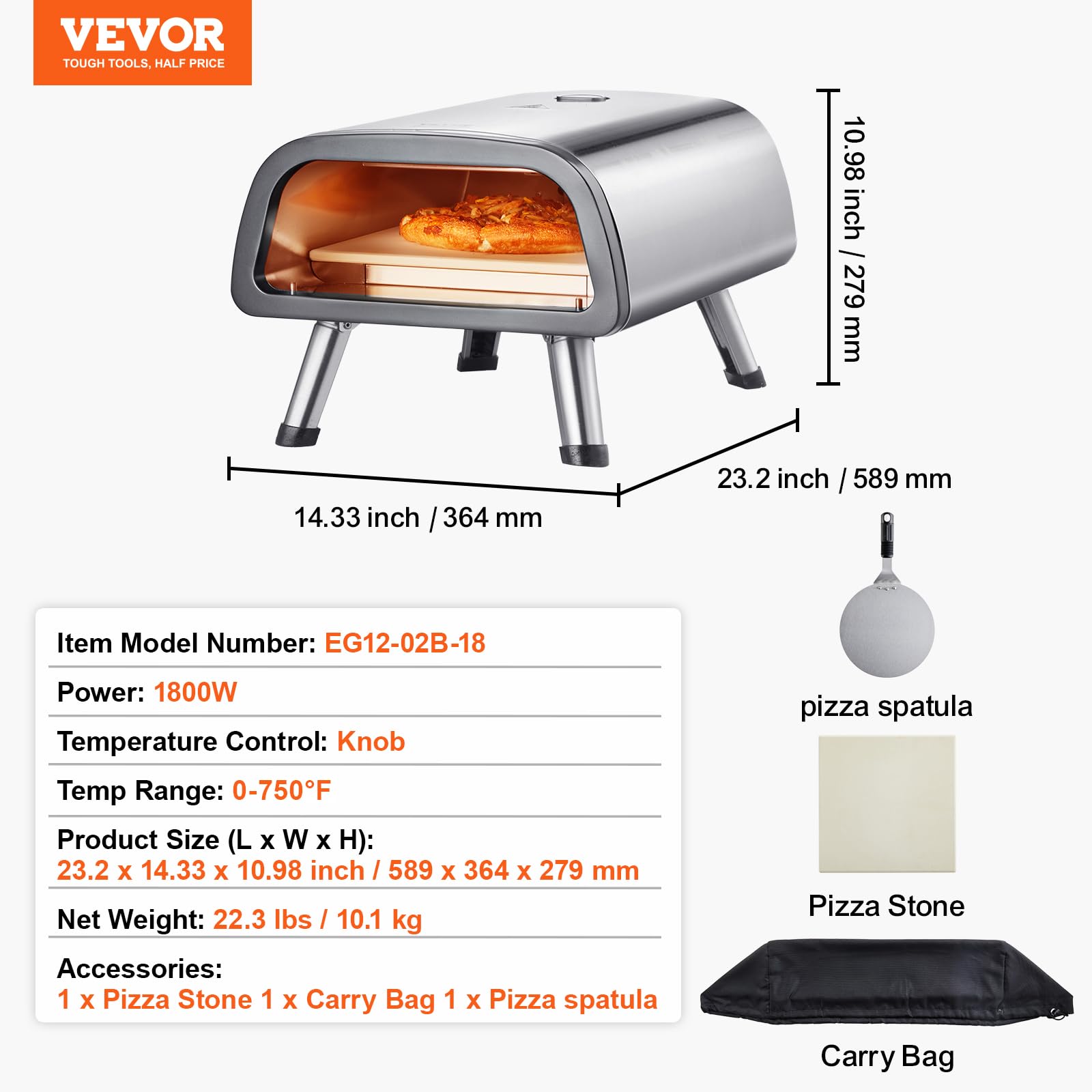 VEVOR Four à Pizza de Comptoir, Four Électrique Capacité 12 po, en Acier Inoxydable, avec Pierre à Pizza et Spatule, Chauffe jusqu'à 454 ℃, pour Restaurant, Maison, Camping, Intérieur et Extérieur