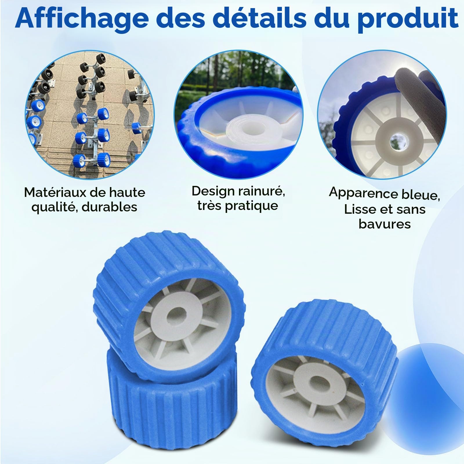 Rouleau Oscillant Nervuré, Kit De Rouleaux De Remorque De Bateau, Rouleau Large En PP Bleu, Rouleau Oscillant De Bateau, 4 Pièces Rouleau Oscillant Nervuré Marin 108x75x19mm Bleu PP Résistant Aux