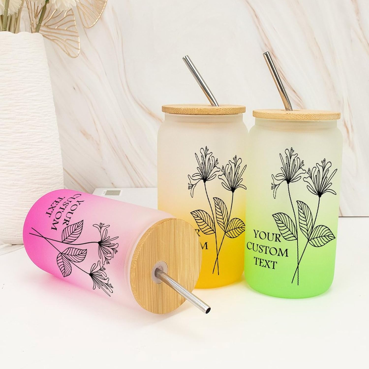 Birth Flower Glass Cup with Bamboo Lid Customized Birthflower Glass Tumbler with Name Graduation Retirement Gifts for Wife June Travel 16oz Glass Water Bottle