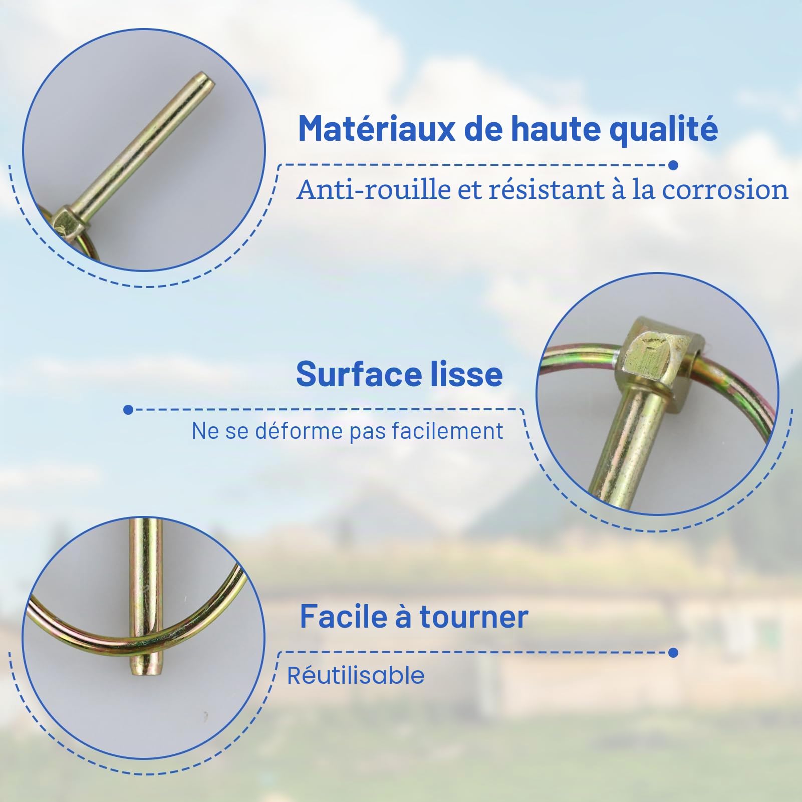50 pièces Goupille de lynch avec anneau pour remorque de tracteur agricole，Assortiment de goupilles clips rond sécurité 4.5-6-8-11 mm Acier Galvanisé