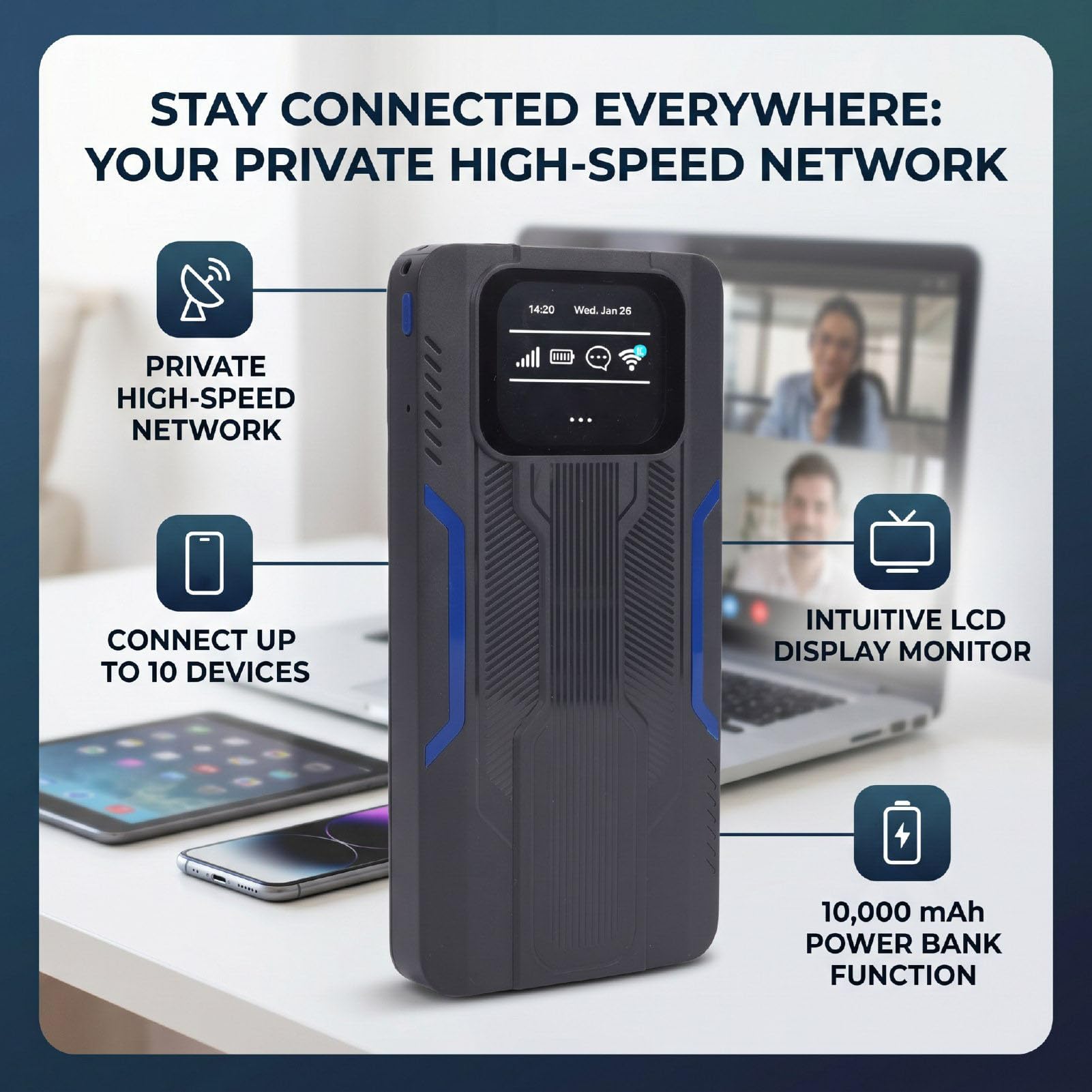 Hotspot Mobile 4G LTE, Router WiFi con Supporto per 10 Dispositivi Connessi, Display LCD, Batteria Integrata da 10000 MAh, Rete Privata per Viaggi di Gruppo, Viaggi in Auto e