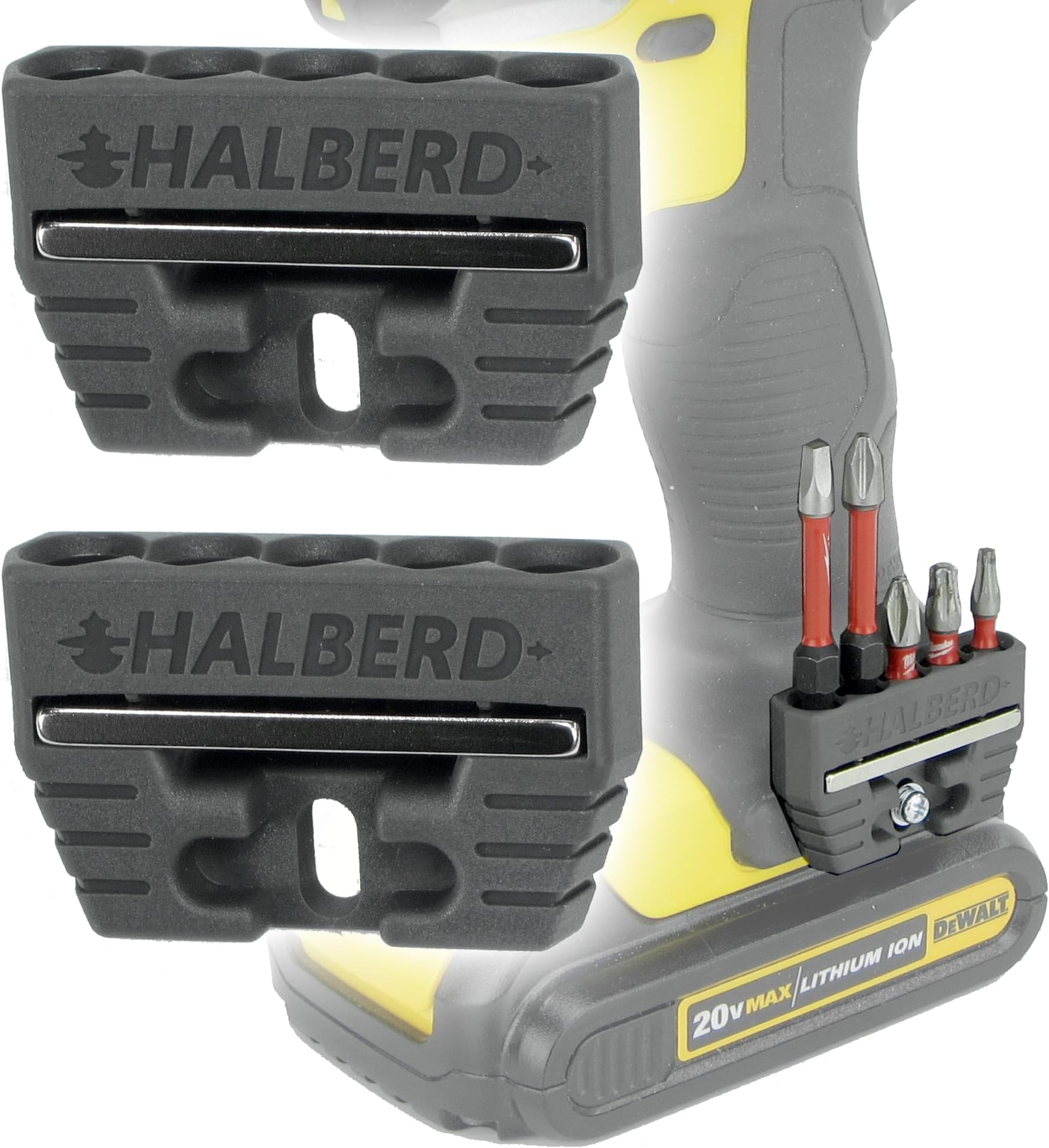 Halberd Universal Fit Magnetic Bit Holder, Securely Mounts to Belt Clip Screw, Fits Both Left and Right Side of Driver, for Milwaukee, DeWalt, Ridgid, Makita, Bosch, Ryobi, More - 2 Pack