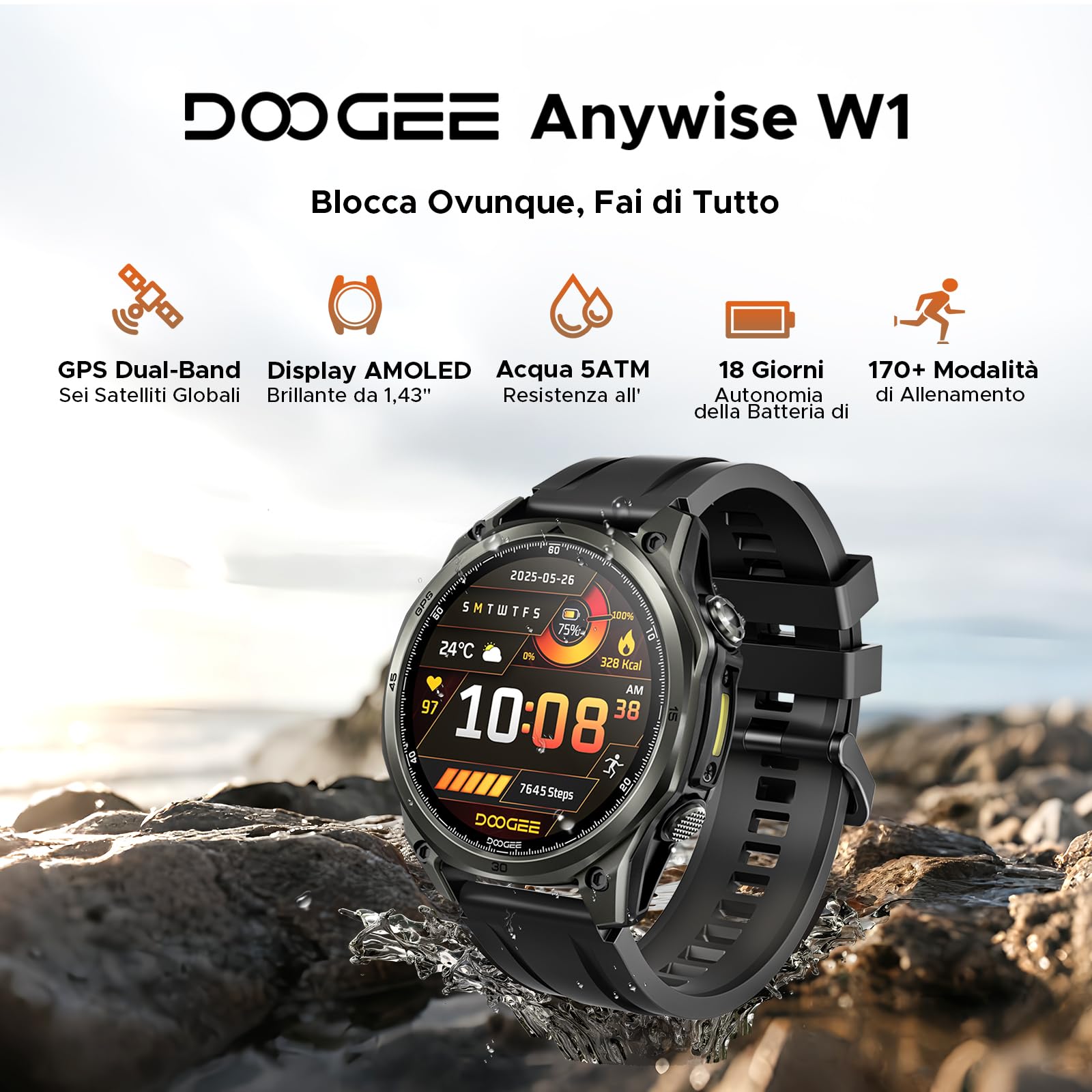 DOOGEE Anywise W1 Orologio Smartwatch Uomo,GPS Dual-Band Integrato,5ATM Impermeabile Militare Smart Watch,1.43" AMOLED Fitness Tracker Per Android iOS,170+Sports Modes,Answer/Make Call/18 Days Battery