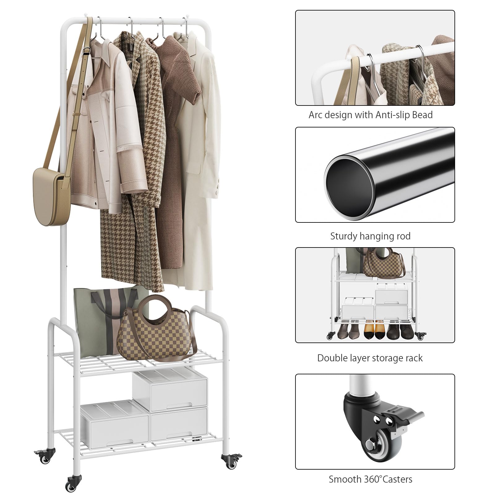 YMYNY Perchero Burro Independiente, Burro de Ropa con Ruedas, Perchero de Metal, Barra Colgante de 61CM de Ancho, con 2 Niveles, 2 Ruedas Bloqueables, para Dormitorio 61×32×176CM Blanco HGR002W