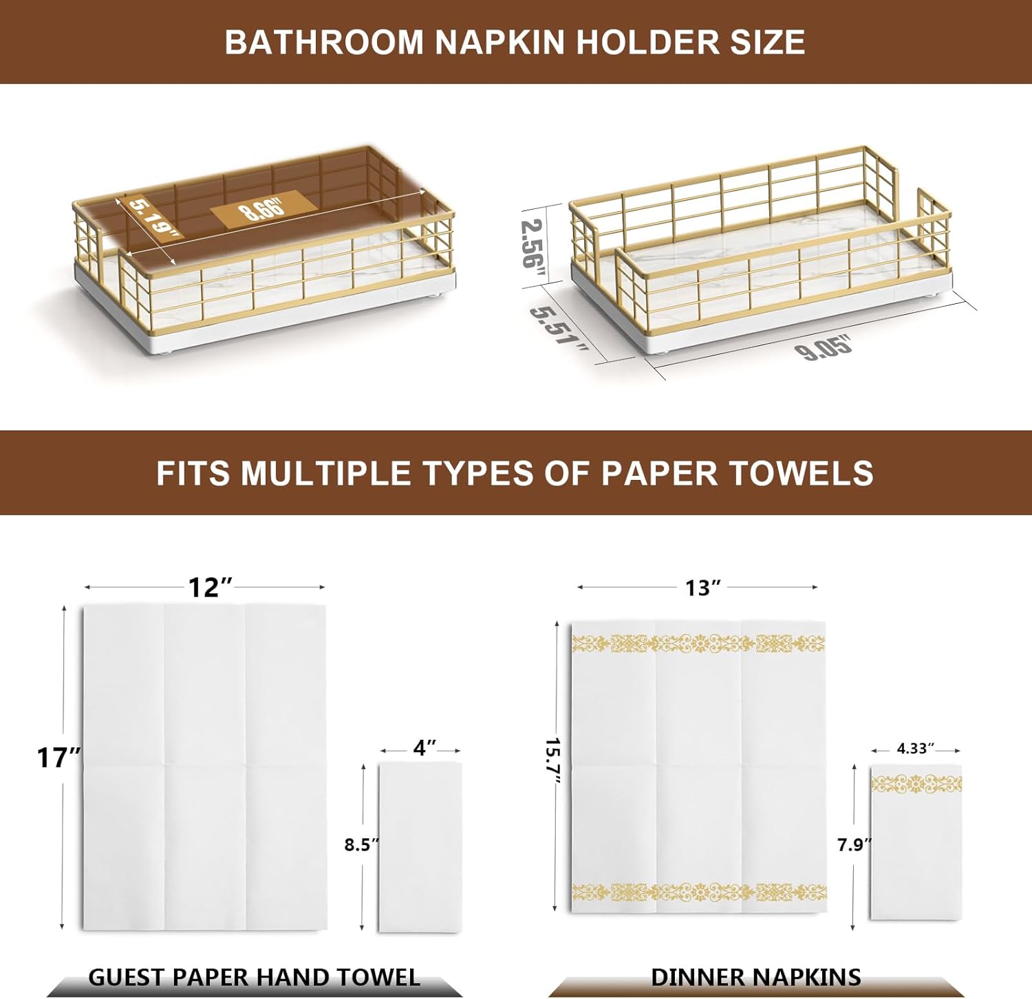 Wican Marble Guest Towel Holder Tray for Bathroom, Napkins Holder for Powder Room Dinning Table Wooden Basket for Disposable Paper Hand Towels Gold and Marble White - Image 6