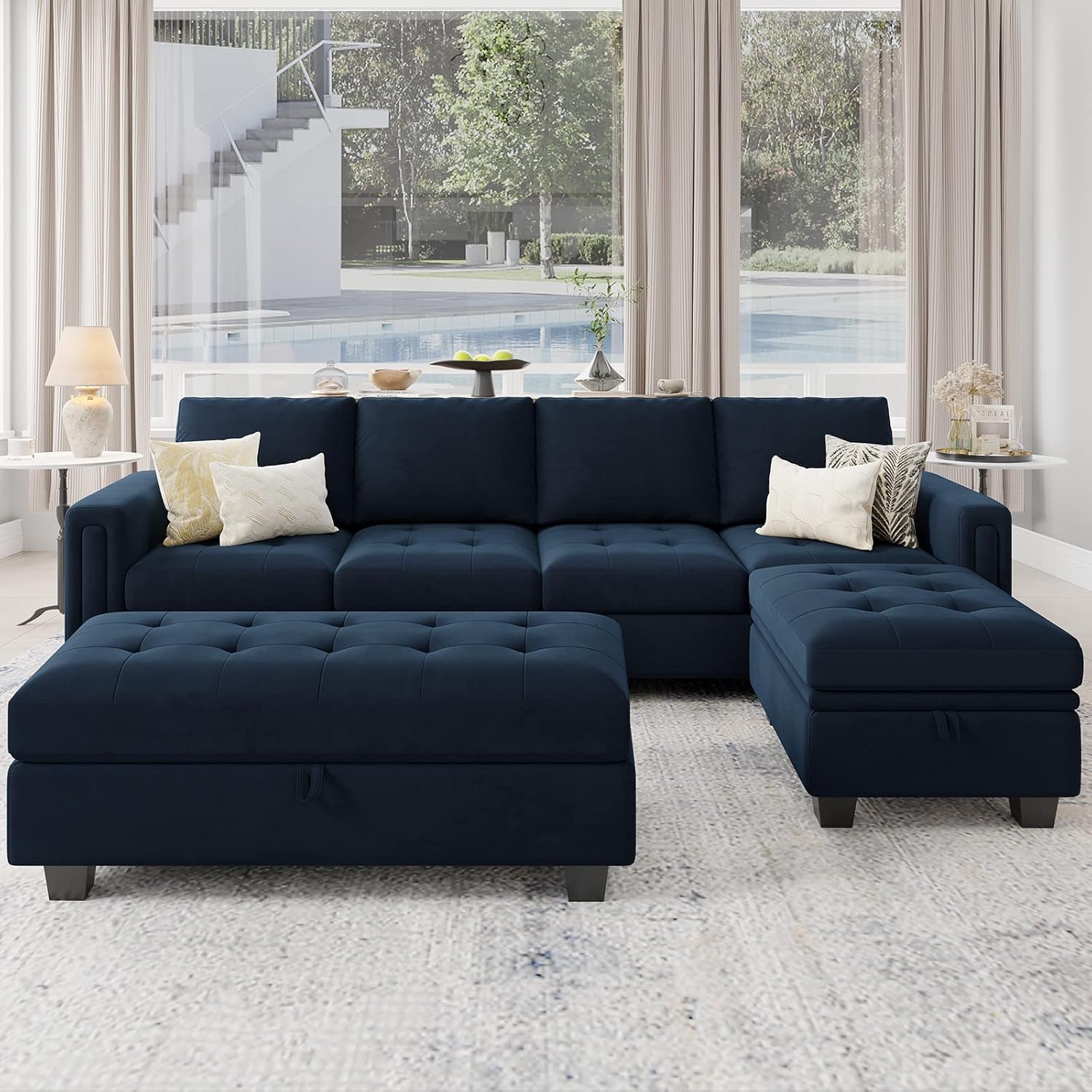 Belffin Velvet Convertible 4-Seat Sectional Sofa with Reversible Chaise L Shaped Sofa Couch Furniture Sets Sectional Couch with Storage Ottoman Blue - Thumbnail 2