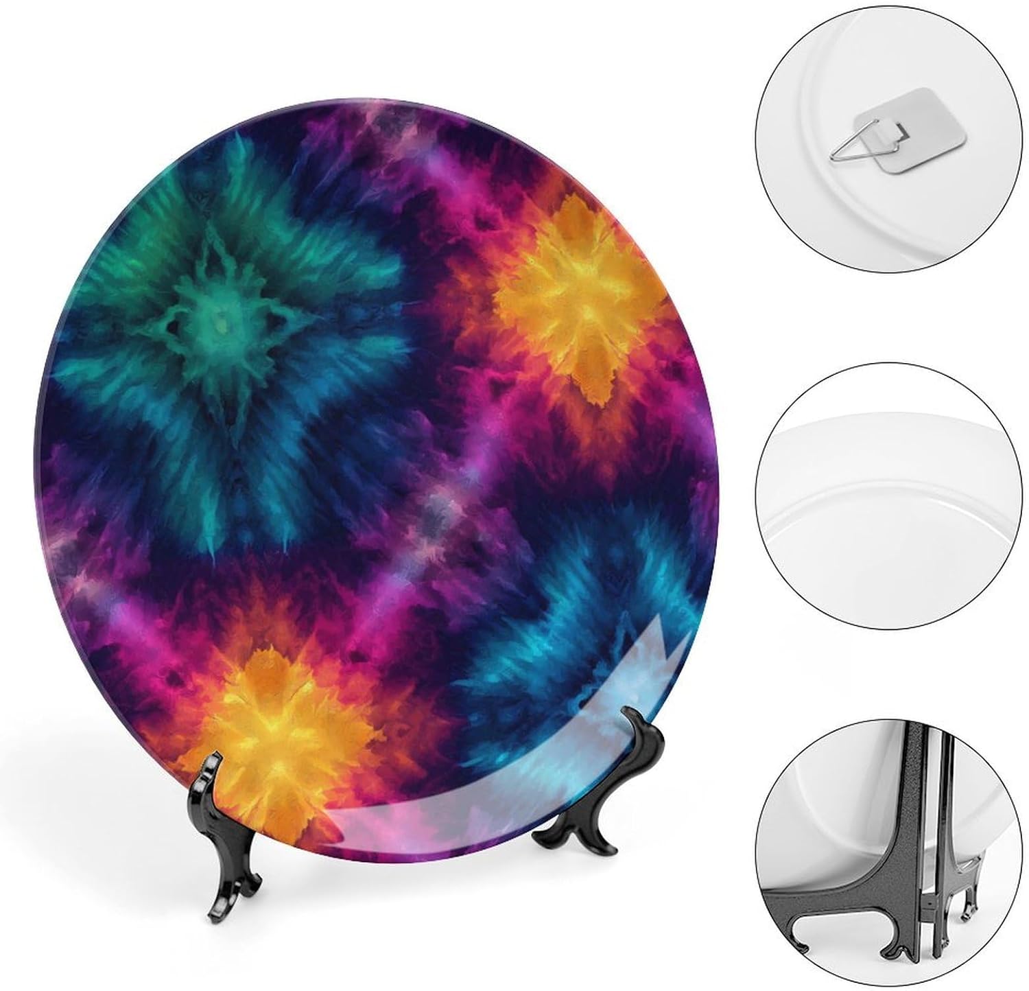 PsychedelicTrippy Tie Dye Novelty Decorative Plate with Display Stand Ceramic Ornament Hanging Wall Decor