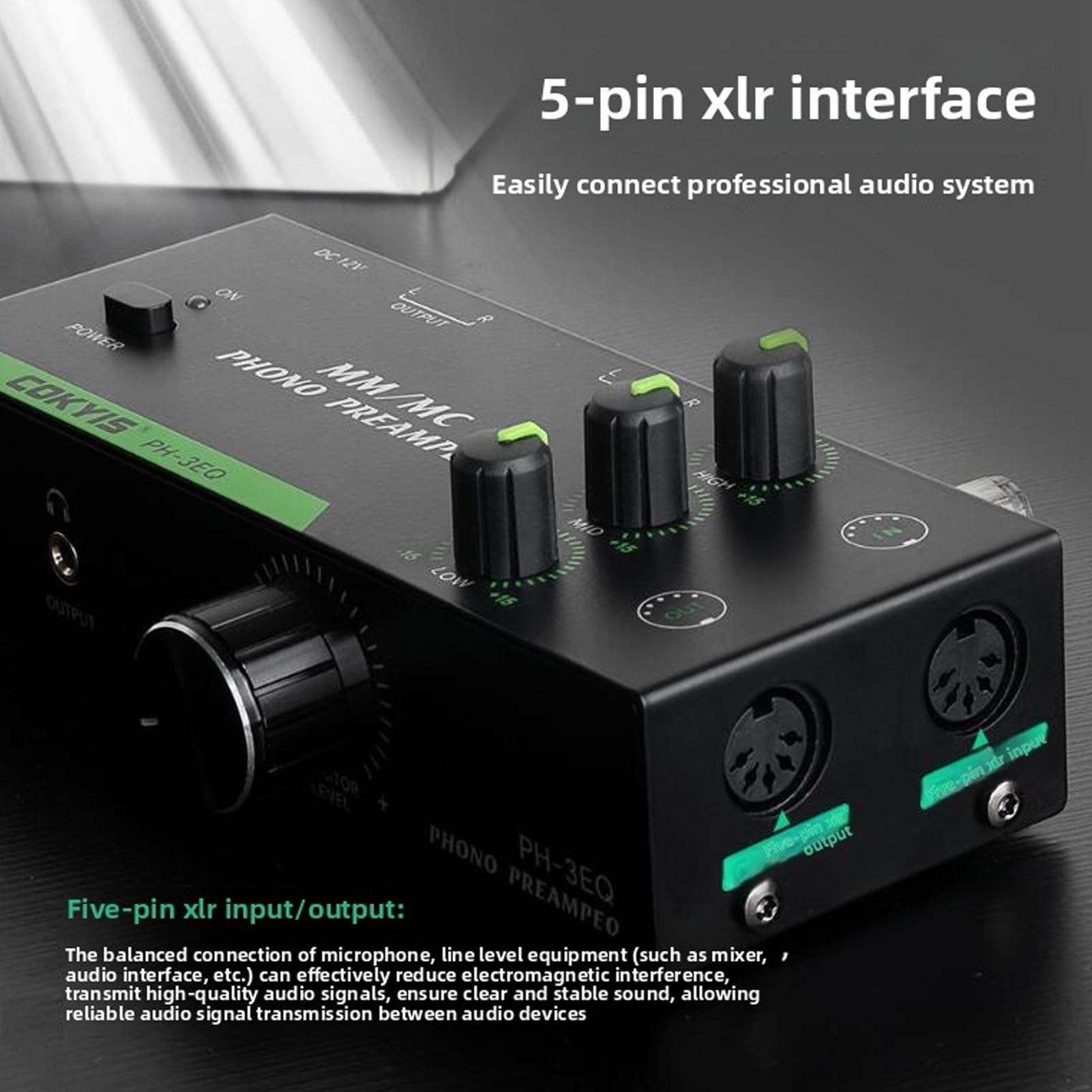 ASHATA Przedwzmacniacz Audio Stereo dla Wkładek Mm MC, Wzmacniacz Słuchawkowy z 3-pasmowym Korektorem, Obsługuje Wyjście Słuchawkowe 3,5 Mm, 5-pinowe Wyjście Wejściowe XLR, Niski (wtyczka UE)