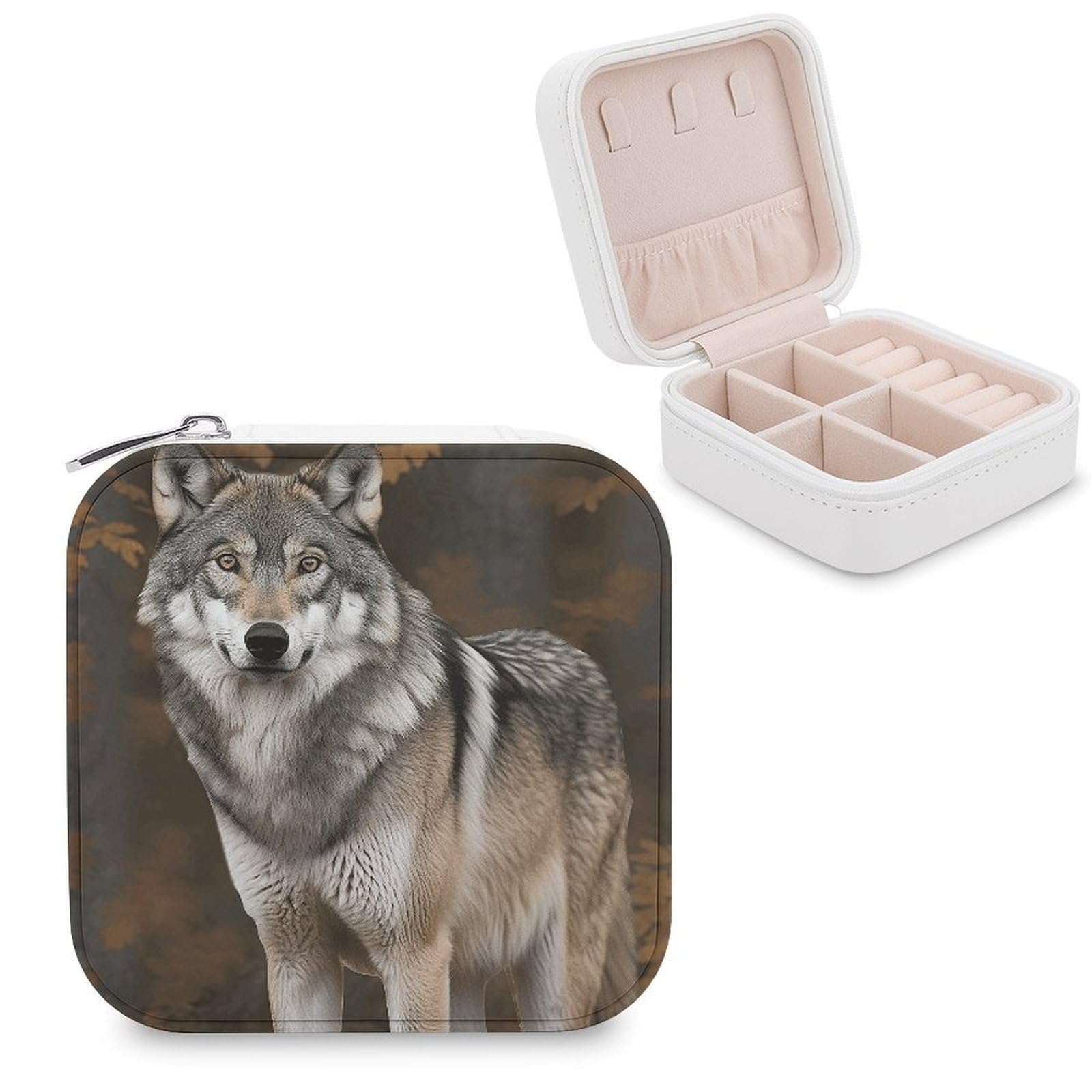 Wild Wild Gray Wolf Jewelry Case Personalized Leather Jewelry Box Mini Travel Jewelry Case Small Portable Jewelry Organizer for Ring Earrings Necklace Bracelet