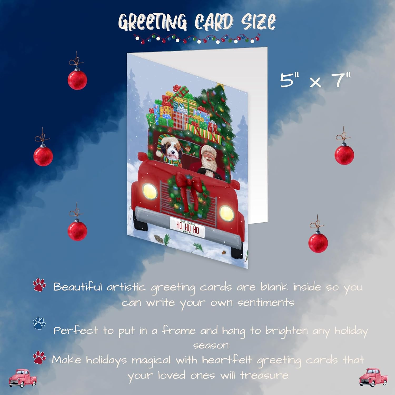 Christmas Honk Honk Red Truck Here Comes with Santa and Bernedoodle DogNote Cards - Adorable Pets Invitation Cards with Envelopes - Pet Artwork Christmas Note Cards GCD75485 (10 Greeting Cards)