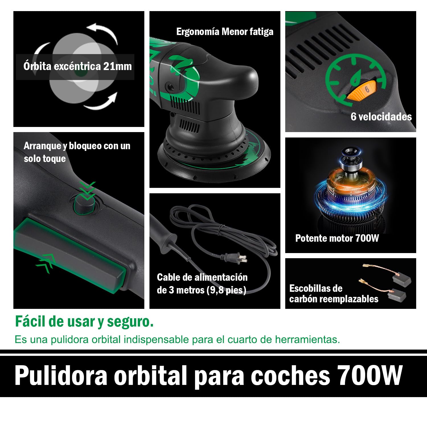 BATOCA 700W Pulidora Coche,Máquinas Pulidoras Excéntrica,21mm Pulidora Orbital,Pulidora Suelos,6 Velocidades,Abundantes Accesorios,Pulir y Encerar Muebles(1000-3800rpm,150mm Esponja Disco)