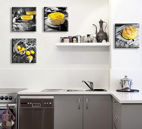 Miniatura 5 de DJSYLIFE Decoración de pared para cocina, blanco y negro, amarillo, arte de pared, pan, pastel, fruta, cuadros, lienzo, pinturas para cafetería,