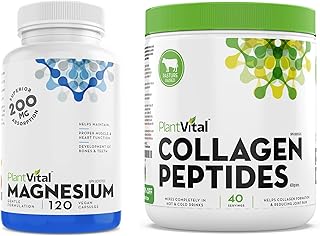 Bundle -Plantvital Magnesium Glycinate 200mg-120 Capsules, and Collagen Peptides Powder 400g-40 Servings for Muscle, Bone...