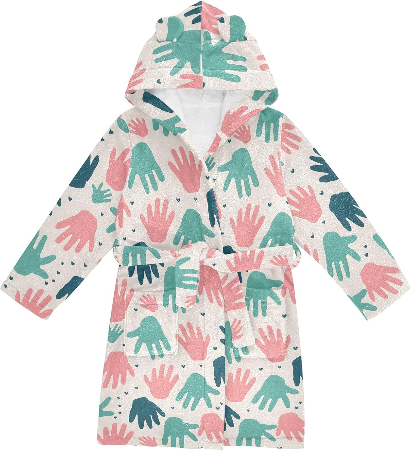 Hand Pattern Toddler Hooded Bathrobe for Boys Girls Soft Plush Bath Towel Robe 2-12 Years