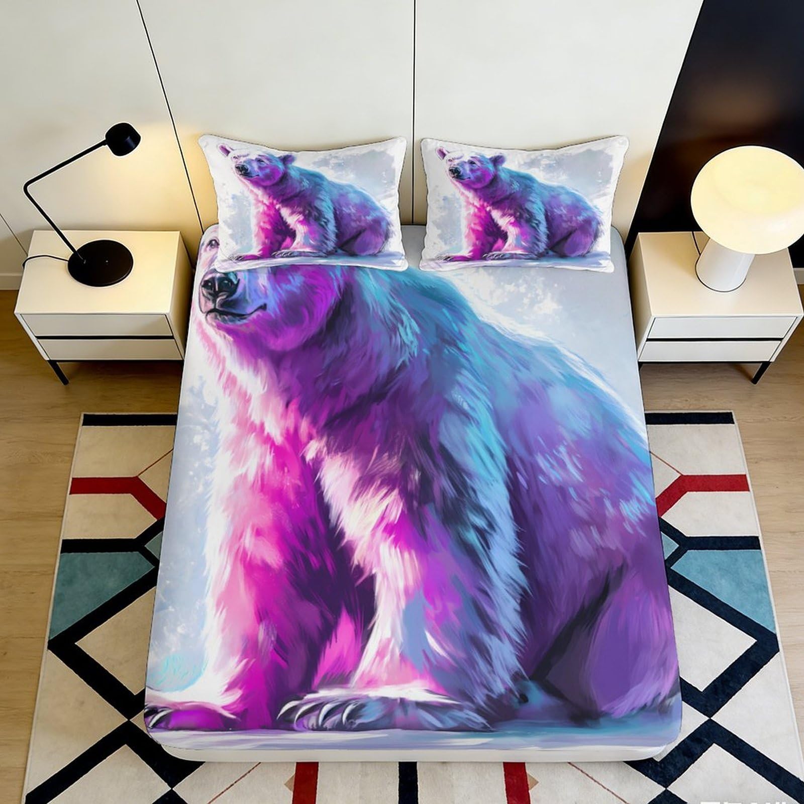 3D Printed Vibrant Polar Bear Fitted Sheet Microfiber Anti-Slip Mattress Cover for Bedroom Dorm Decor Easy Care 90x200x25cm