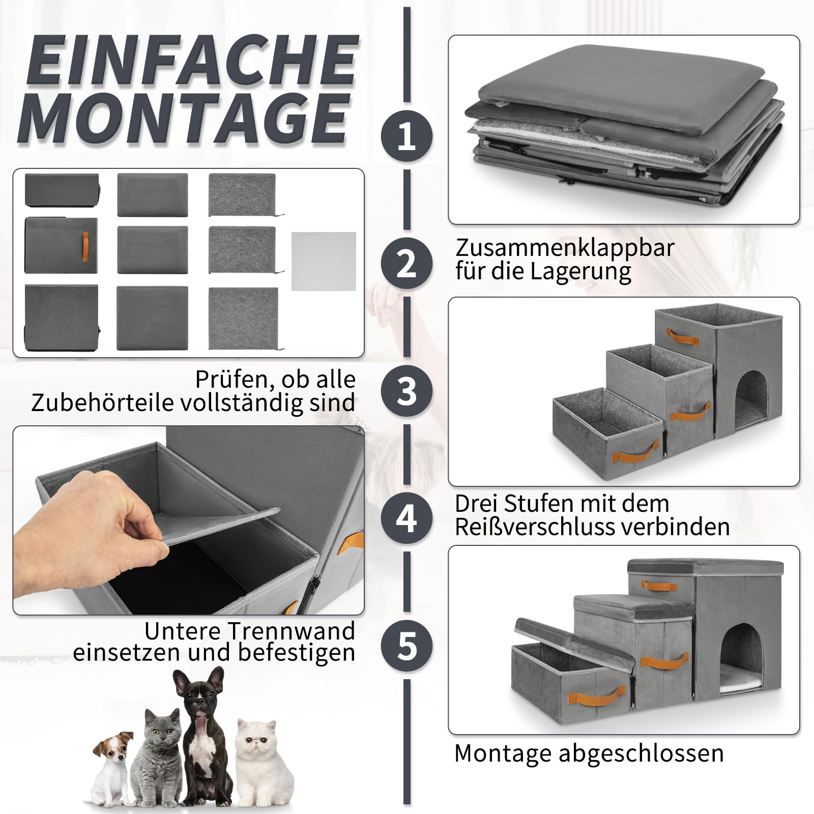 OUUTMEE Haustiertreppe 3 Stufen mit Zwingerdesign Hundetreppe Zusammenklappbar mit Stauraum,Kombinierte Verwendung Hundetreppe Bett für Betten,Sofas,Maximale Tragfähigkeit 30 kg