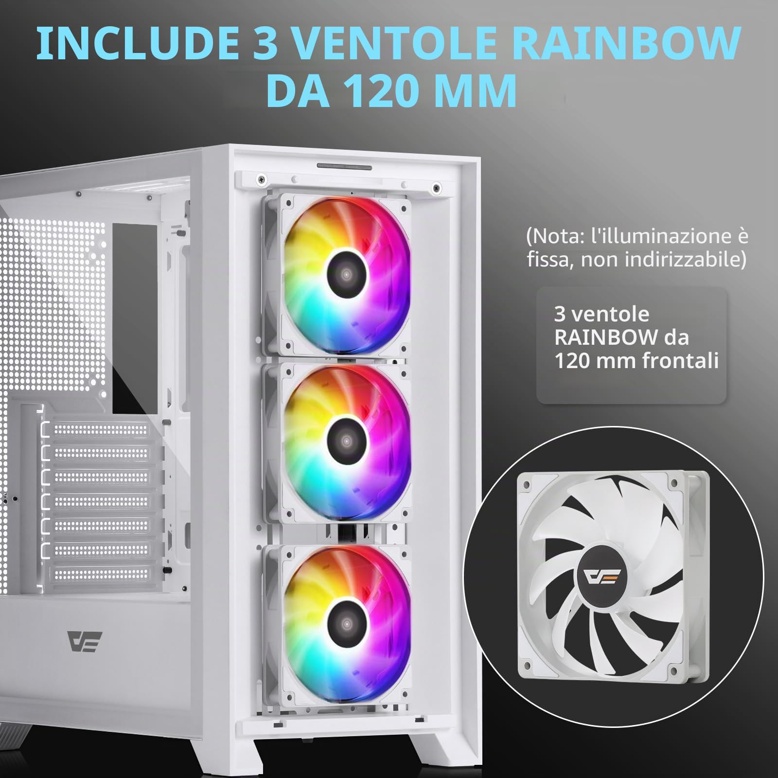 darkFlash Case PC Mid-tower ATX Gaming, 3x120mm Ventole RGB Fisse Preinstallate, Pannello Frontale Rete Grande Rimovibile, USB 3.0, Pannello Laterale Vetro Temperato, Case Flusso D'aria, Bianco(DRX70)