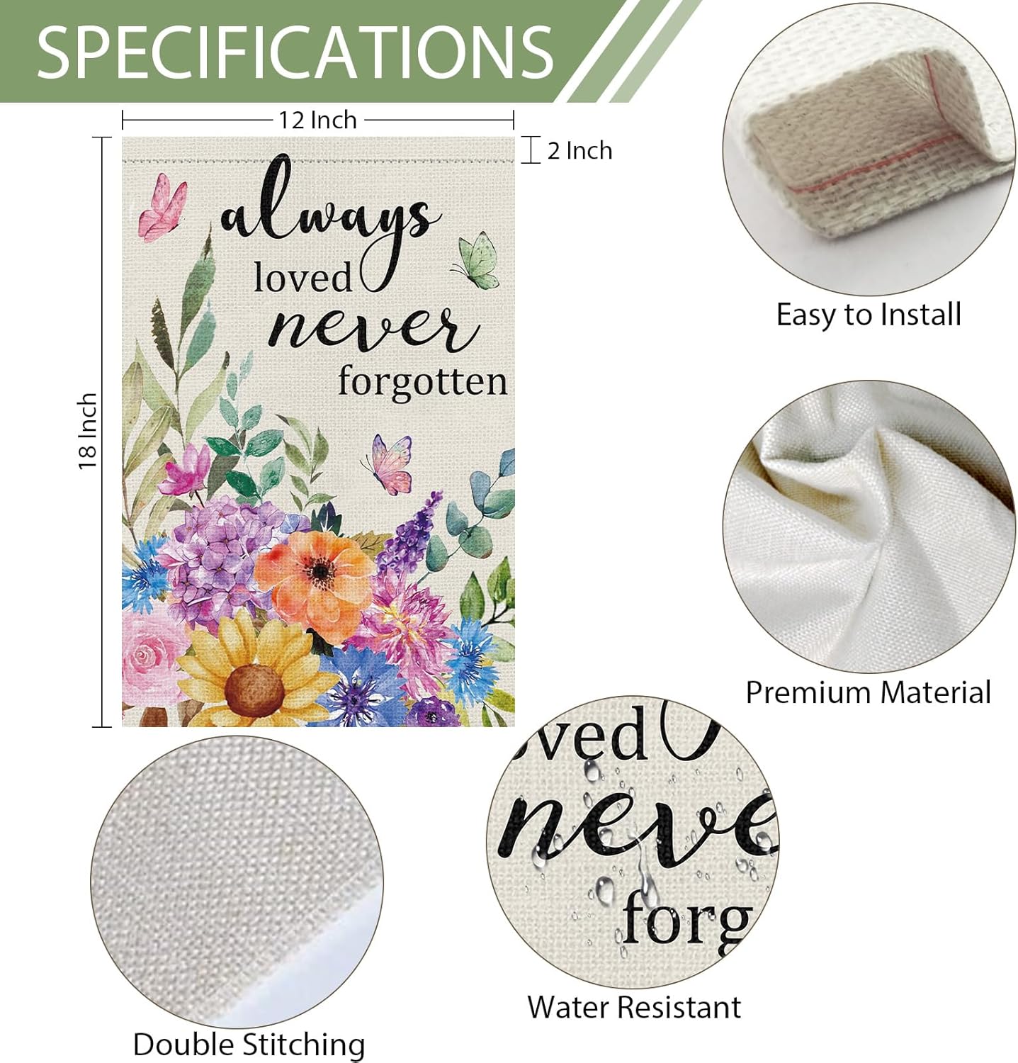Heyfibro Always Loved Never Forgotten Memorial Garden Flag 12x18 Double Sided Burlap, Spring Summer Butterfly Flower Yard Banner for Sympathy Bereavement Remembrance Outdoor Cemetery Decor (ONLY FLAG) - Image 4