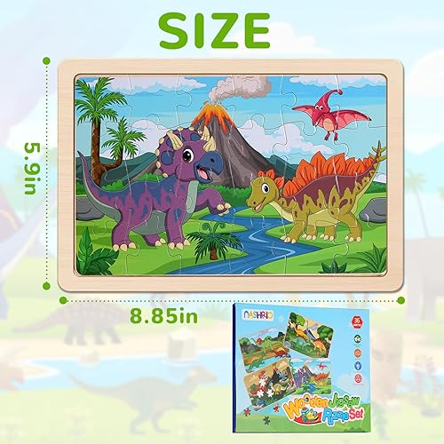 Miniatura 7 de Rompecabezas de madera de dinosaurios para niños de 3 a 5 años, juego de 4 paquetes con rompecabezas de madera de 20 piezas, tableros educativos