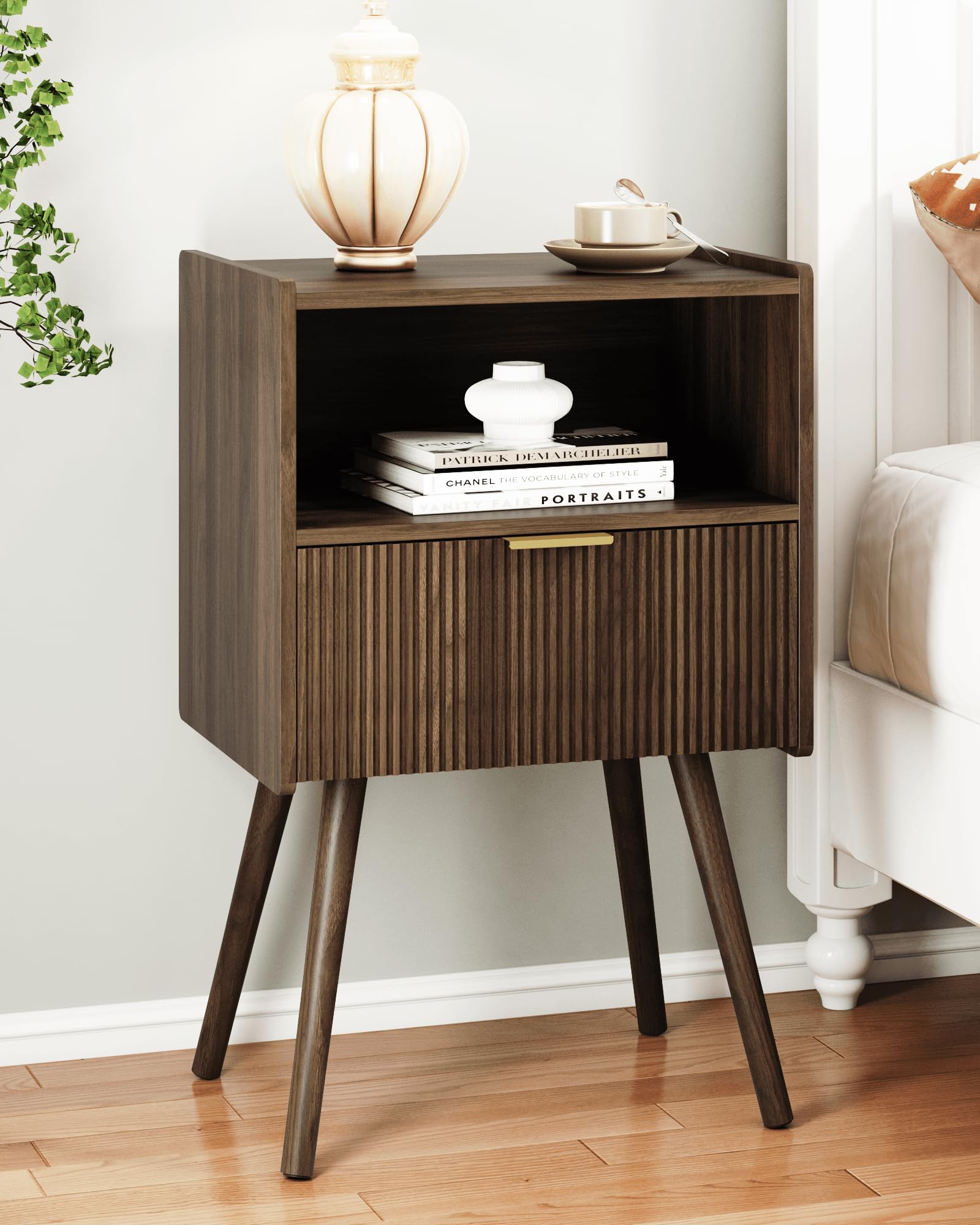 JERX Modern Bedside Table with Storage Drawer and Open Wood Shelf Nightstand for Living Room, Bedroom and Small Spaces, Accent Side Table with Solid Wood Legs, Easy Assembly Walnut Brown-image-1