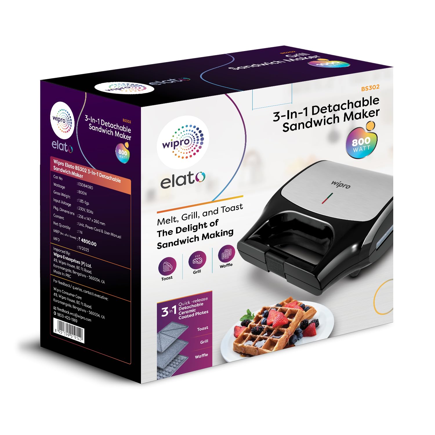Wipro Elato 3-in-1 Sandwich Maker - Toaster & Grill -9