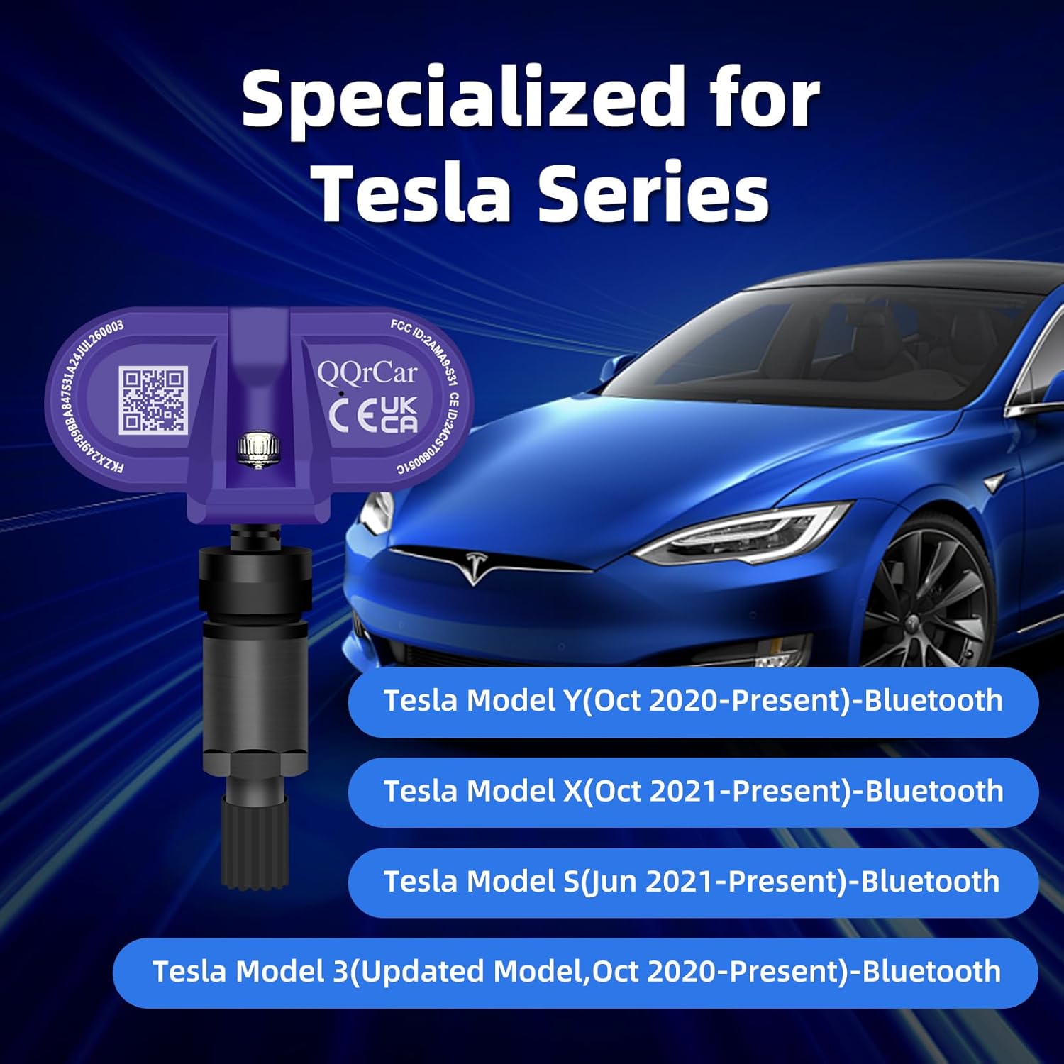 QQrCar Bluetooth TPMS Sensor next to a Tesla vehicle, listing compatible models: Model Y, Model X, Model S, Model 3.