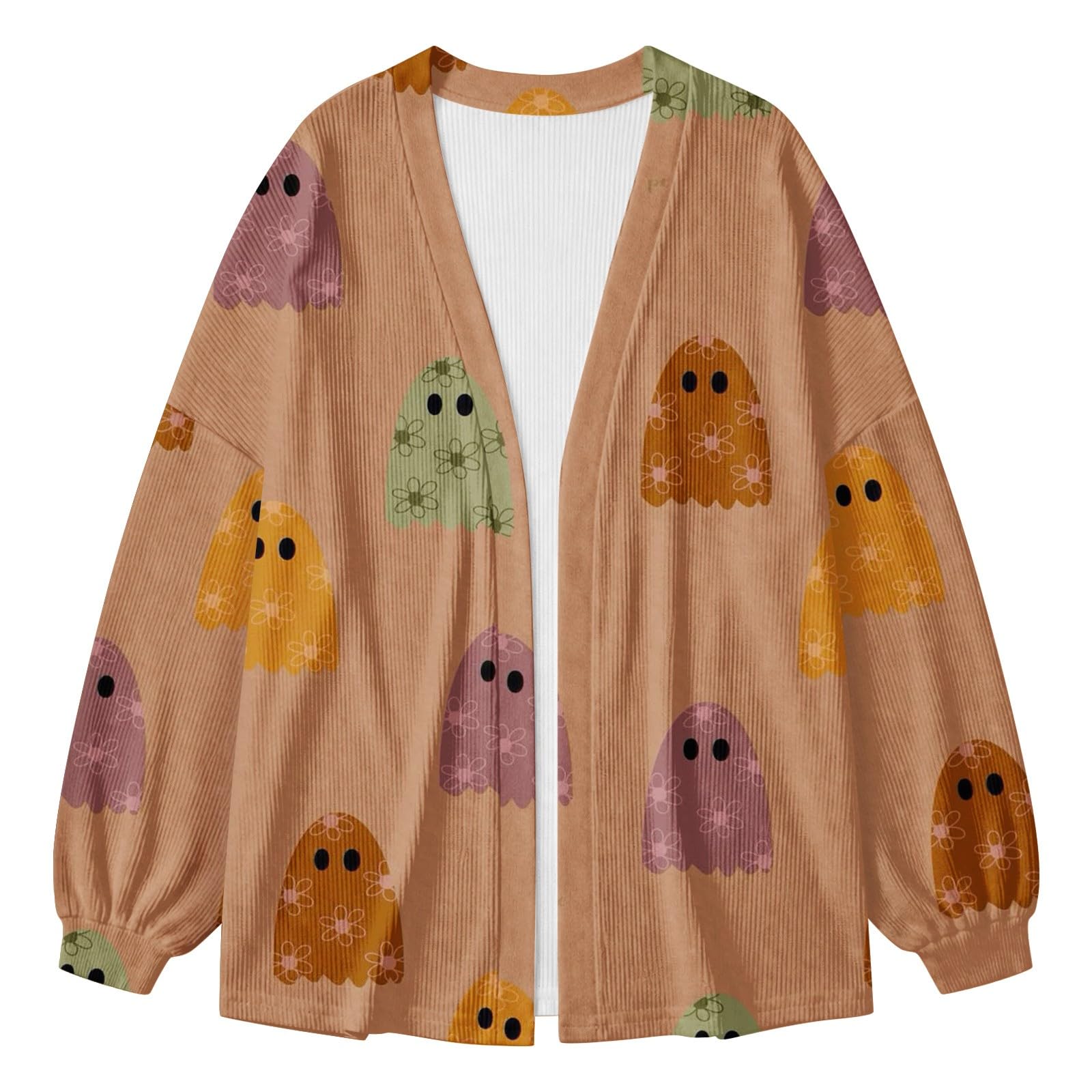 Cardigan autunnale da donna a blocchi di colore con zucca, aperto sul
